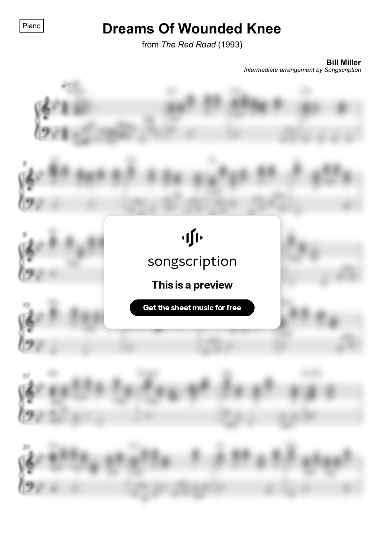 Intermediate Piano Sheet Music for "Dreams Of Wounded Knee" by Bill Miller