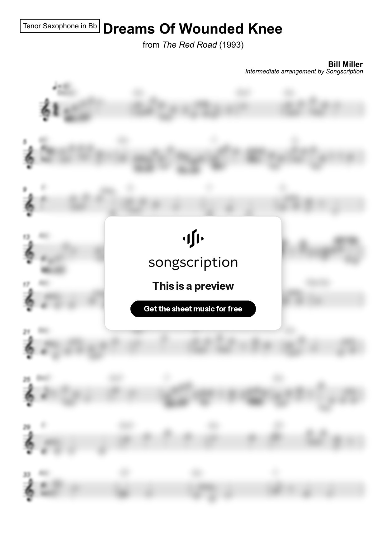 Intermediate Tenor Sax Sheet Music for "Dreams Of Wounded Knee" by Bill Miller