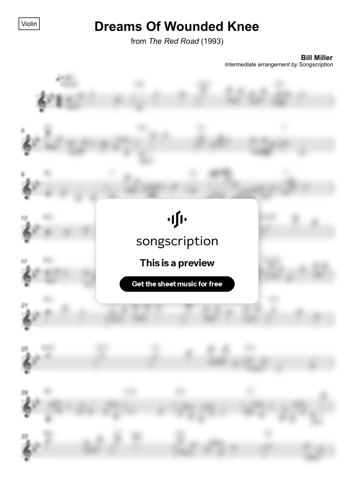 Intermediate Violin Sheet Music for "Dreams Of Wounded Knee" by Bill Miller
