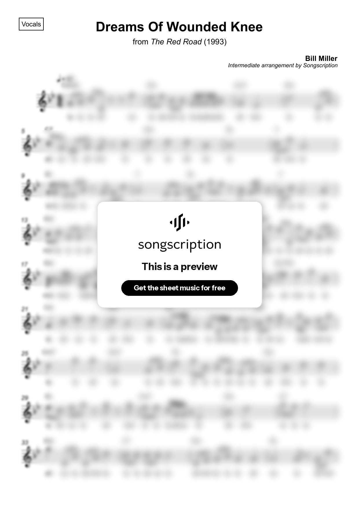 Intermediate Vocals Sheet Music for "Dreams Of Wounded Knee" by Bill Miller