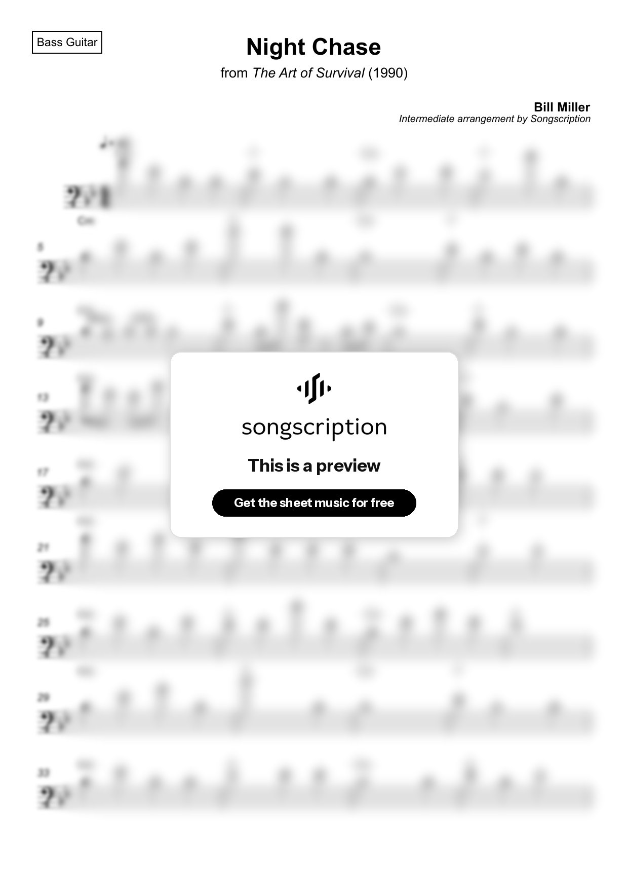 Intermediate Bass Guitar Sheet Music for "Night Chase" by Bill Miller