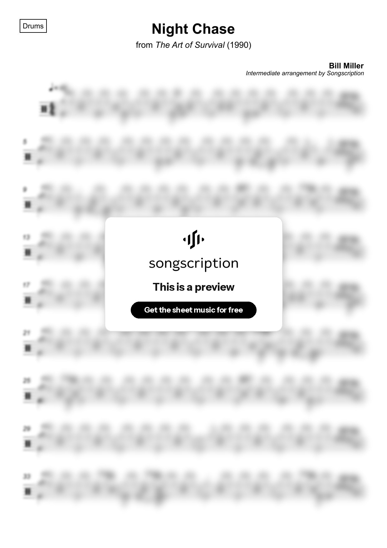 Intermediate Drums Sheet Music for "Night Chase" by Bill Miller