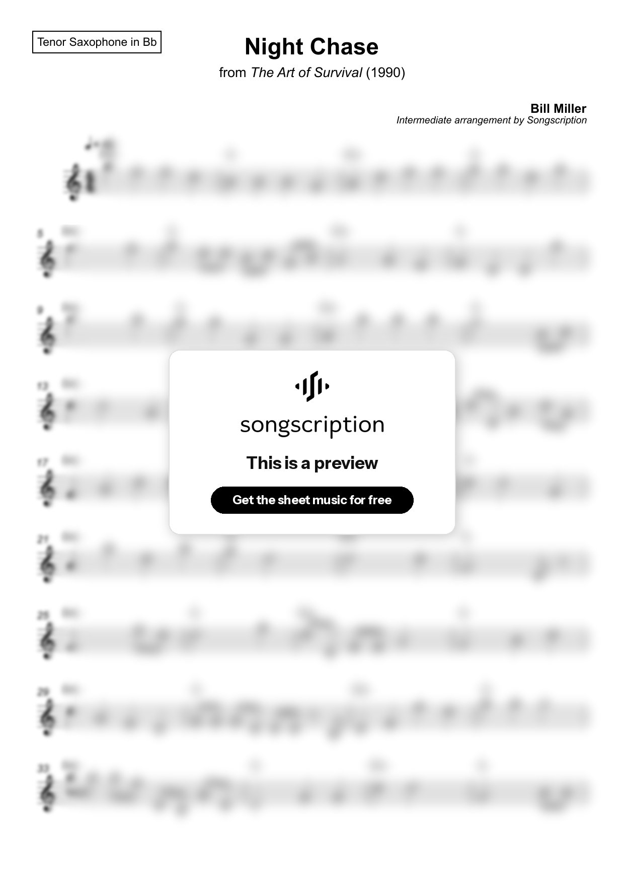 Intermediate Tenor Sax Sheet Music for "Night Chase" by Bill Miller