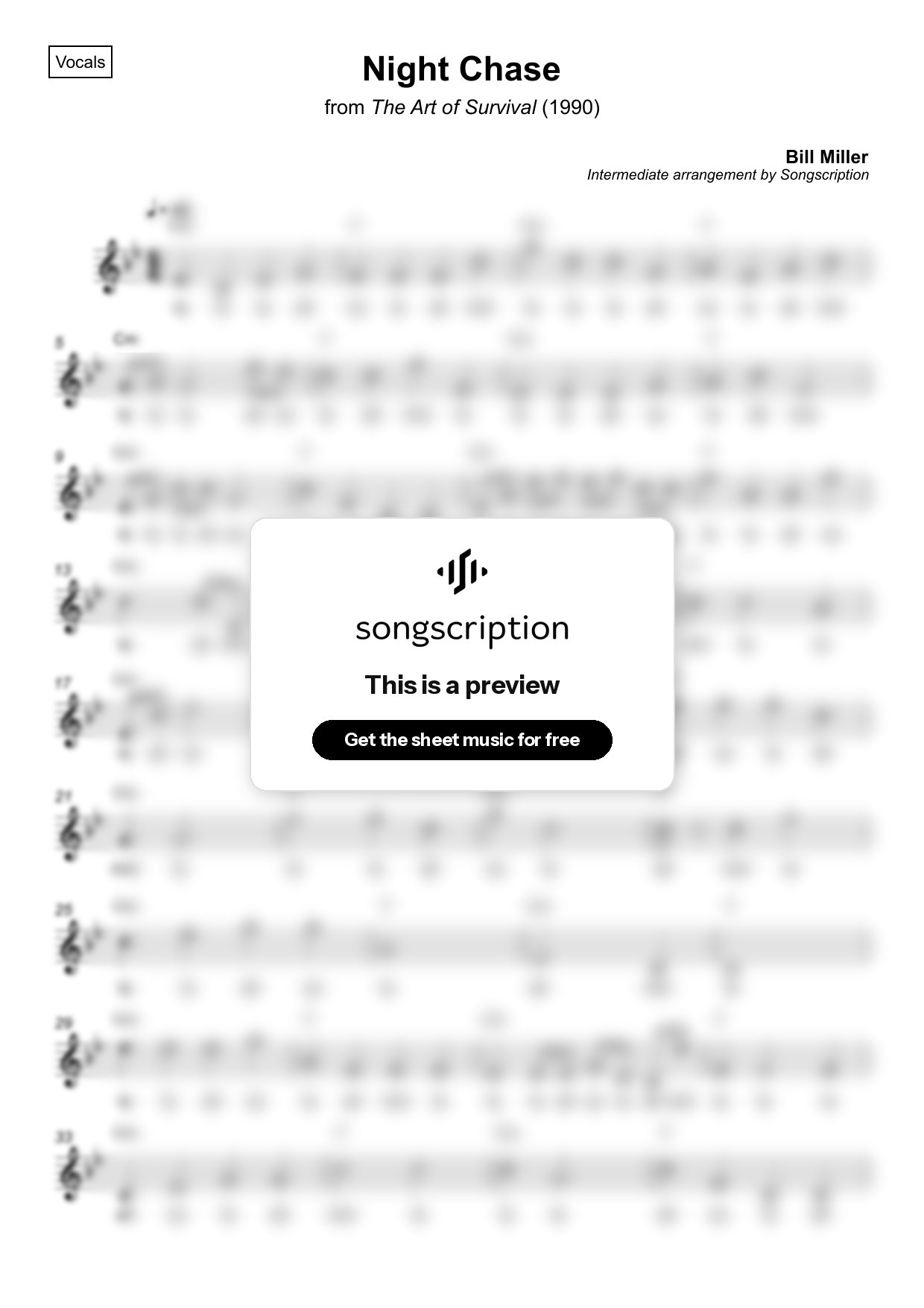Intermediate Vocals Sheet Music for "Night Chase" by Bill Miller