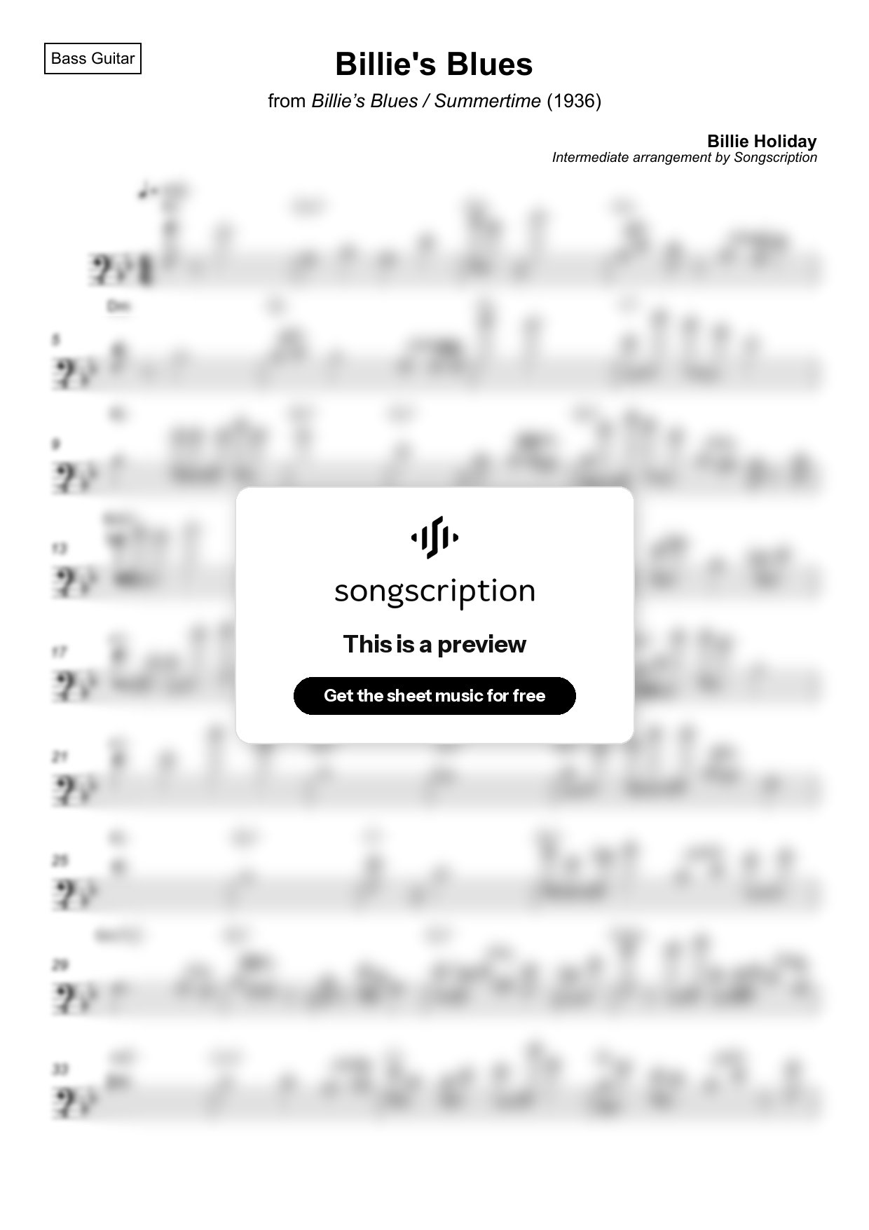 Intermediate Bass Guitar Sheet Music for "Billie's Blues" by Billie Holiday