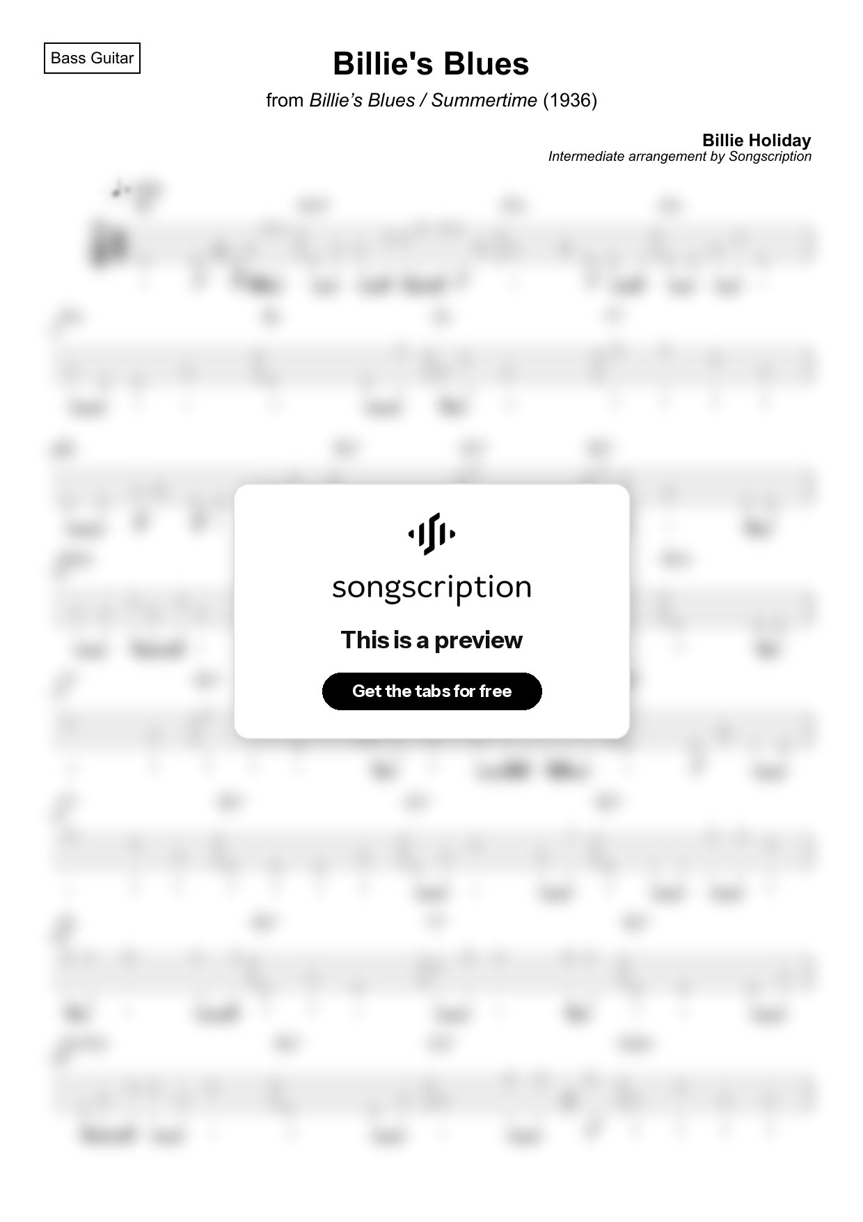 Intermediate Bass Guitar Tabs for "Billie's Blues" by Billie Holiday