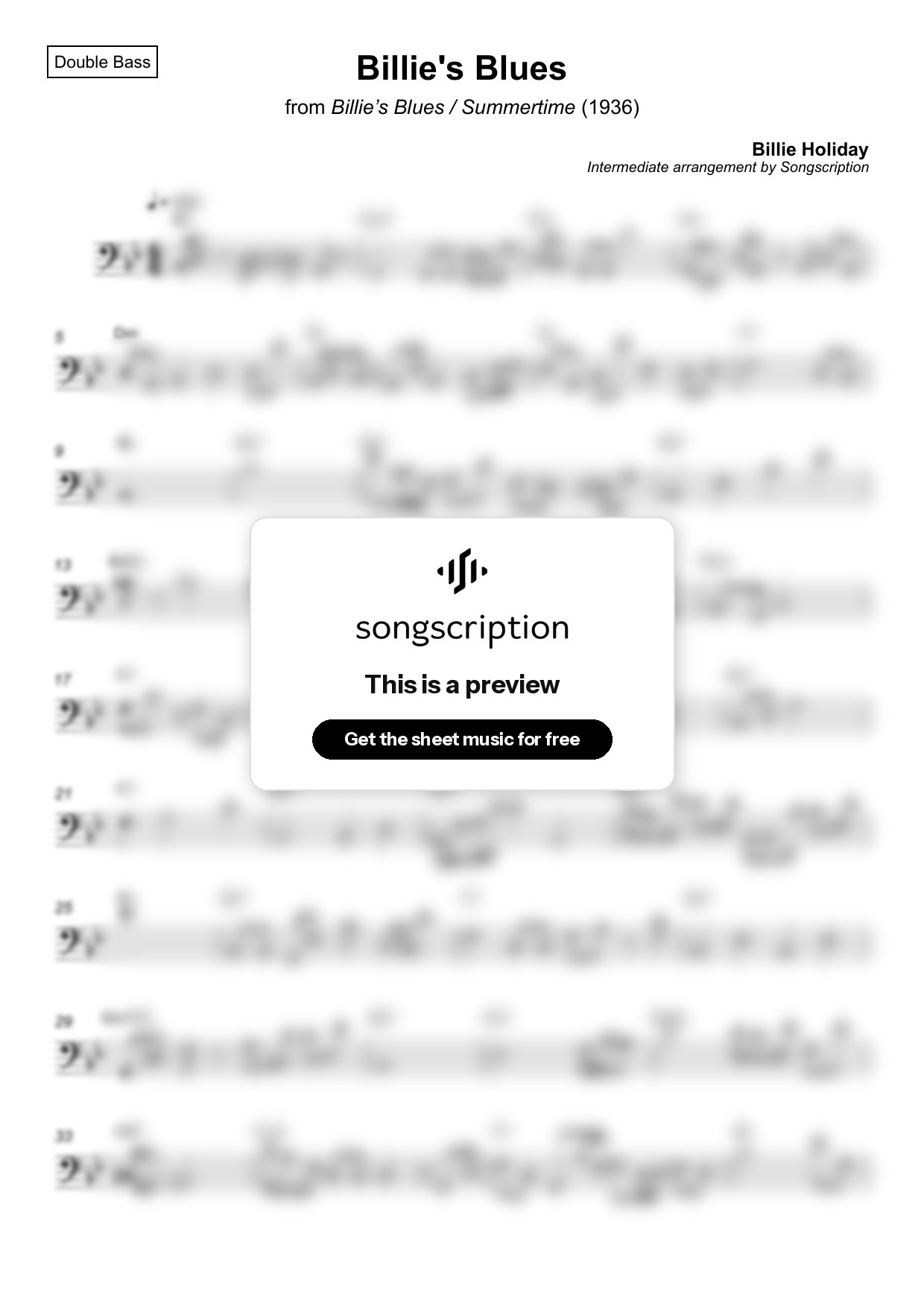 Intermediate Double Bass Sheet Music for "Billie's Blues" by Billie Holiday