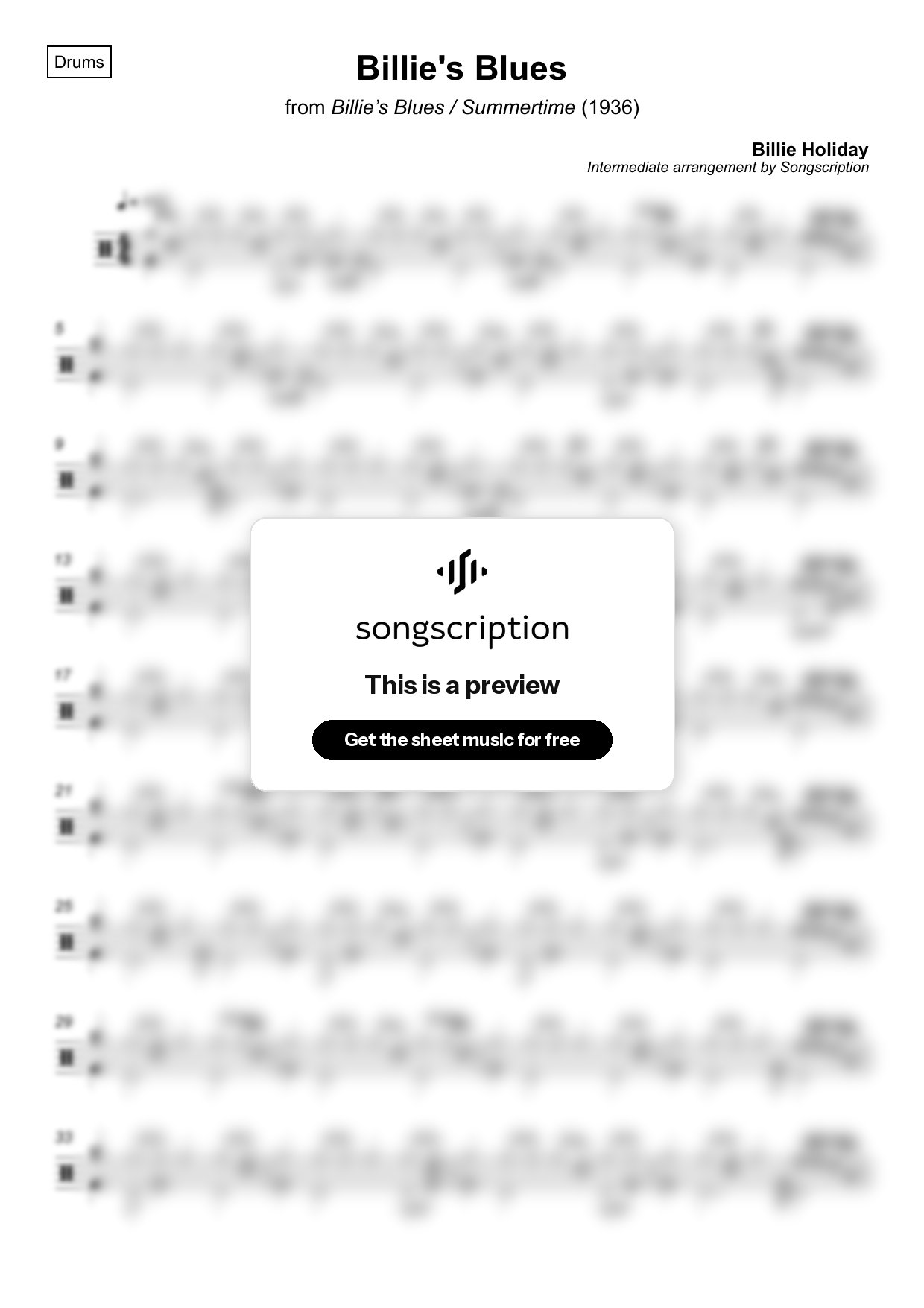 Intermediate Drums Sheet Music for "Billie's Blues" by Billie Holiday