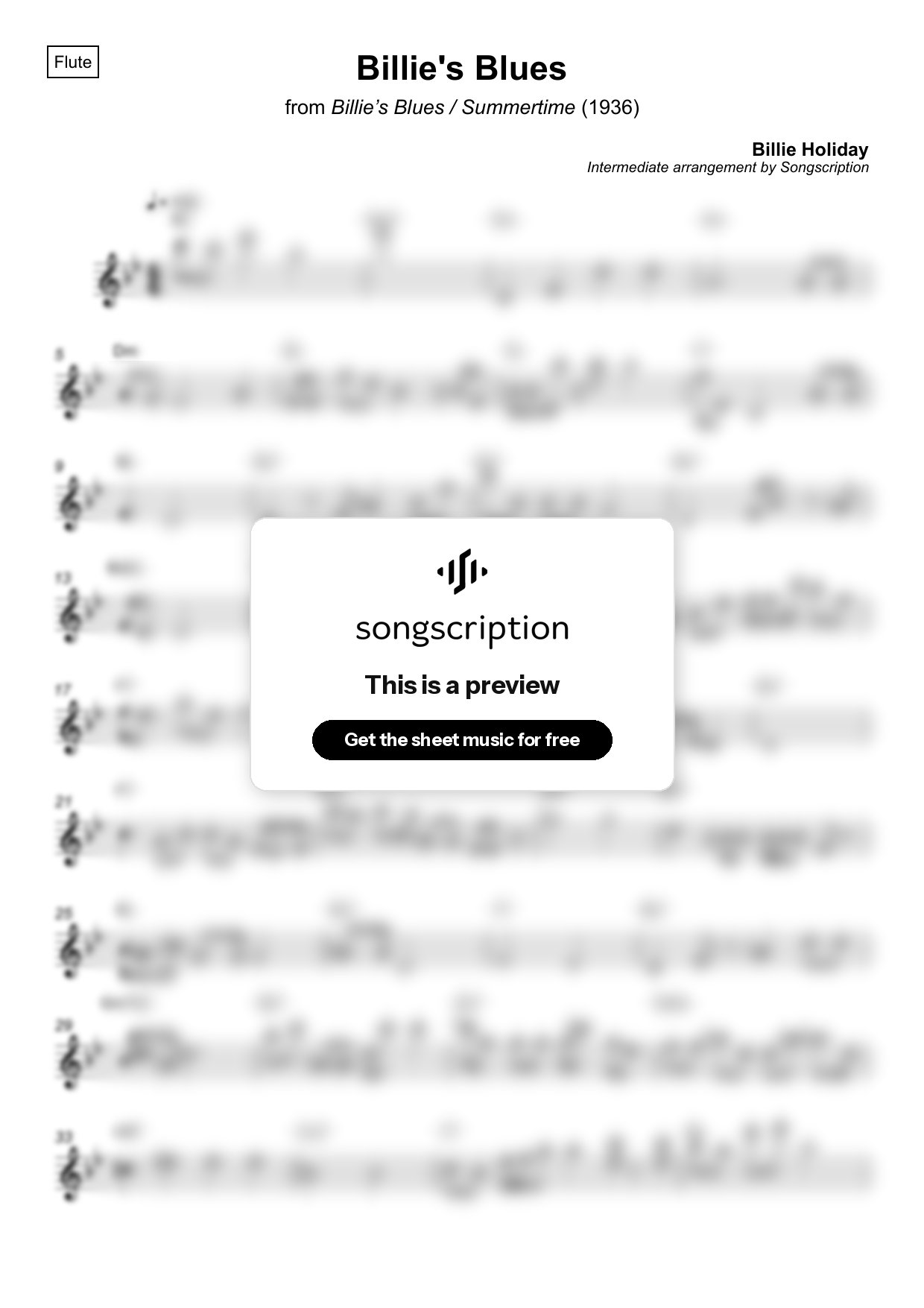Intermediate Flute Sheet Music for "Billie's Blues" by Billie Holiday