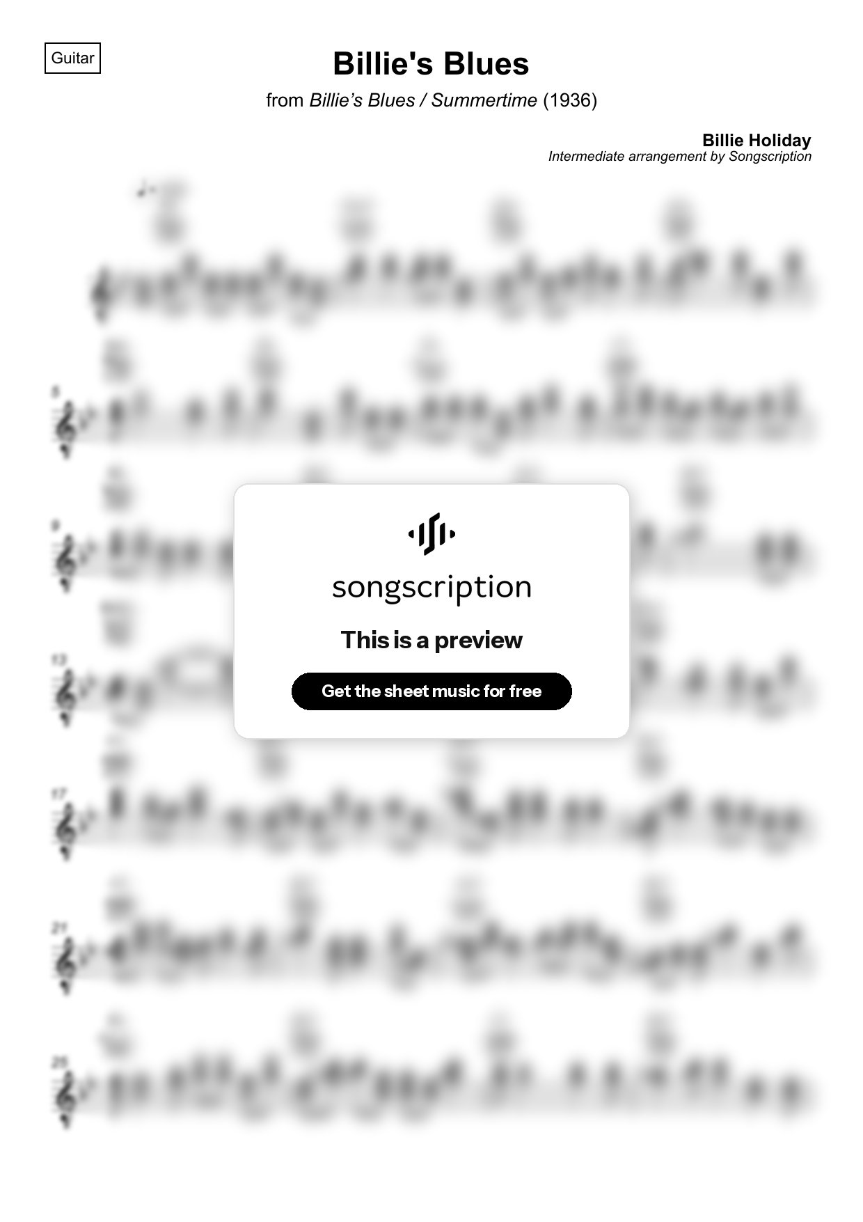 Intermediate Acoustic Guitar Sheet Music for "Billie's Blues" by Billie Holiday