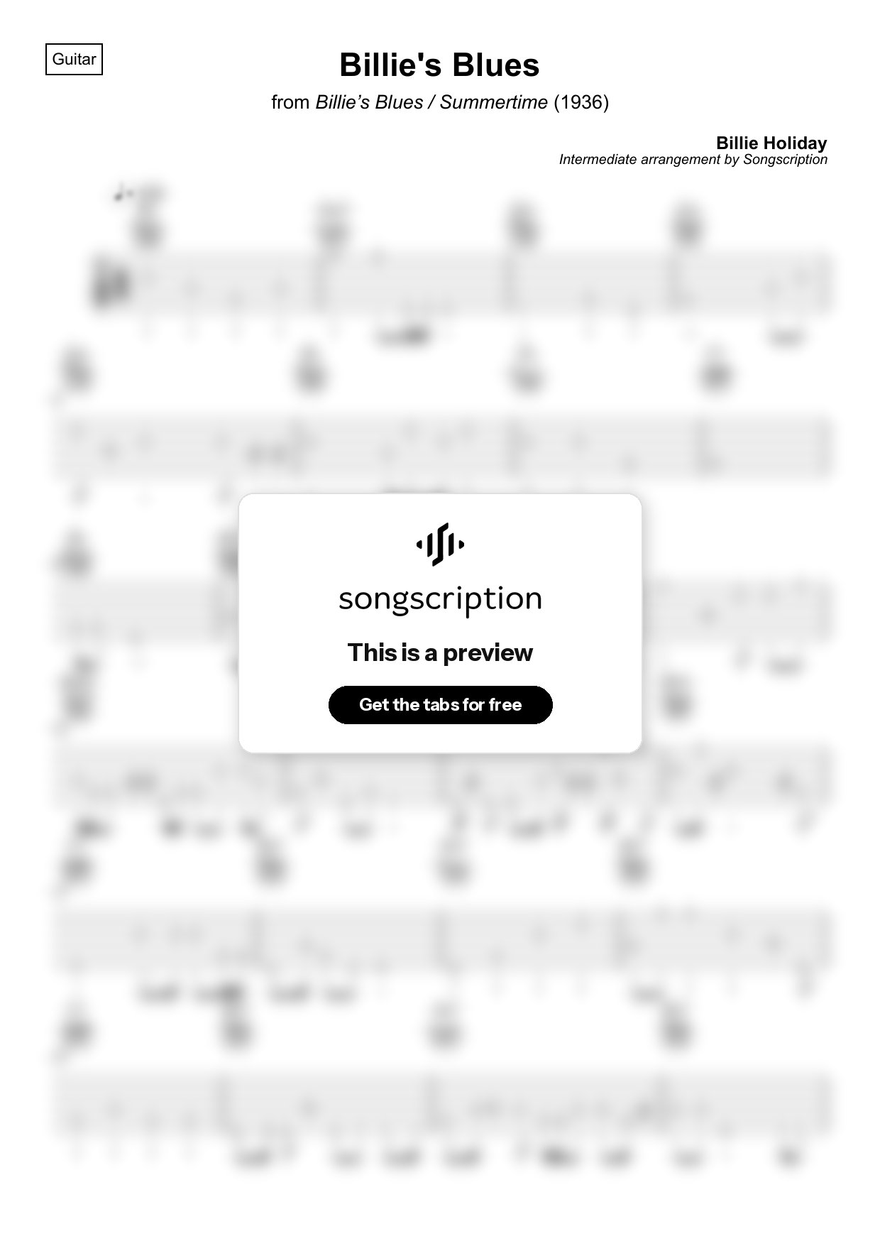 Intermediate Acoustic Guitar Tabs for "Billie's Blues" by Billie Holiday
