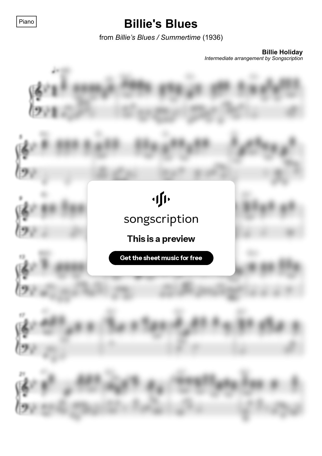 Intermediate Piano Sheet Music for "Billie's Blues" by Billie Holiday