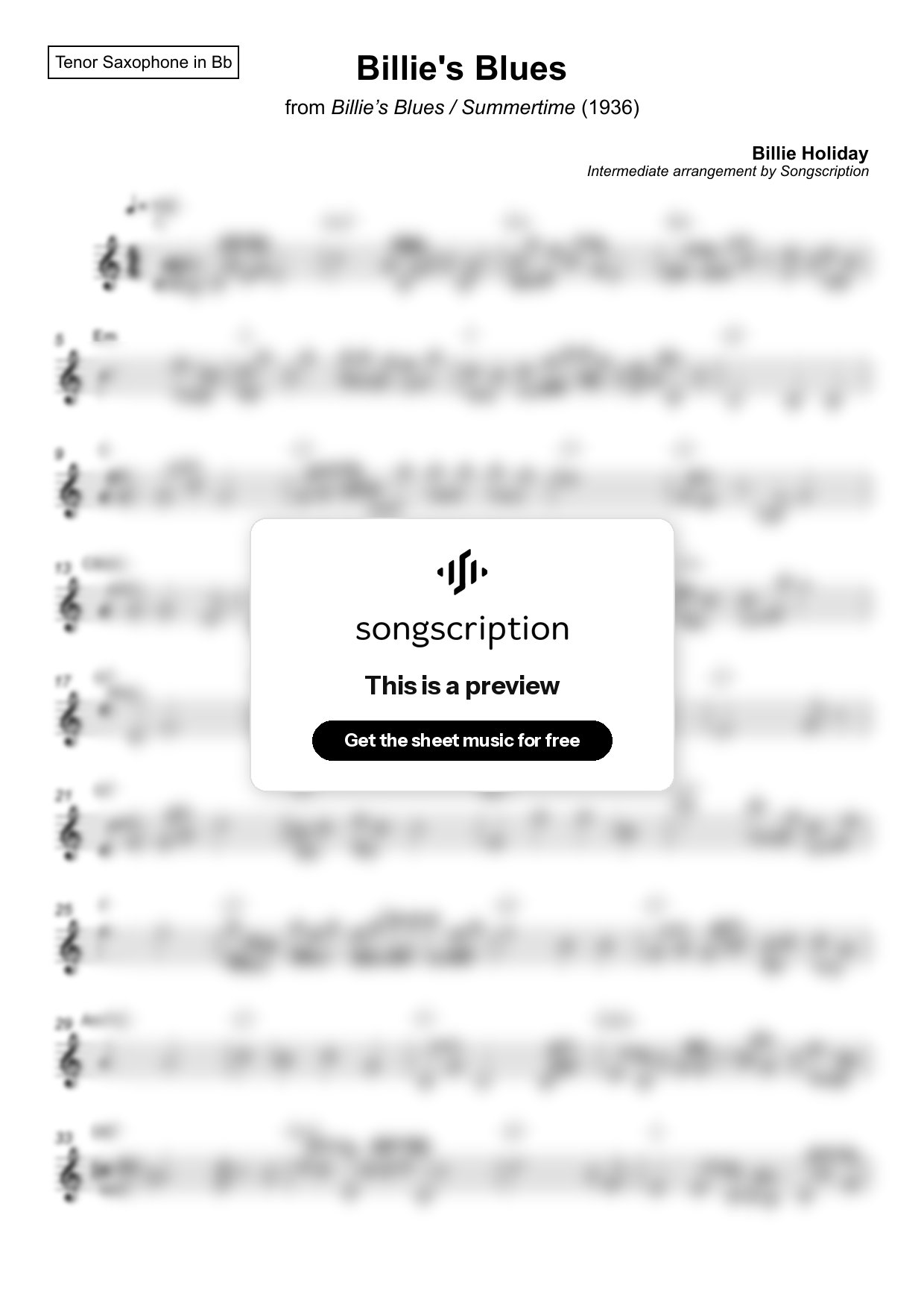 Intermediate Tenor Sax Sheet Music for "Billie's Blues" by Billie Holiday