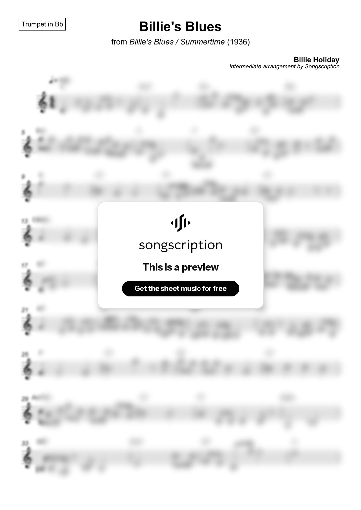 Intermediate Trumpet Sheet Music for "Billie's Blues" by Billie Holiday