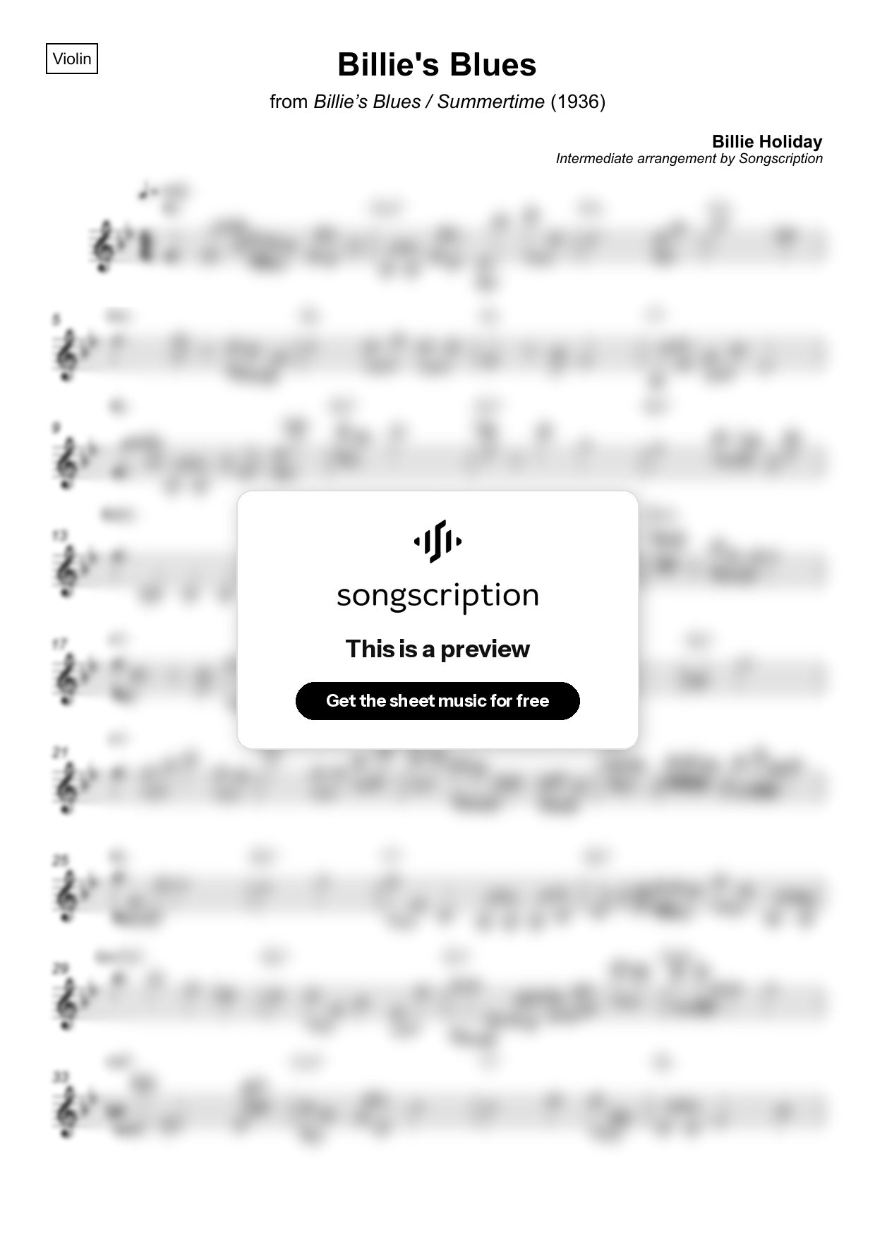 Intermediate Violin Sheet Music for "Billie's Blues" by Billie Holiday
