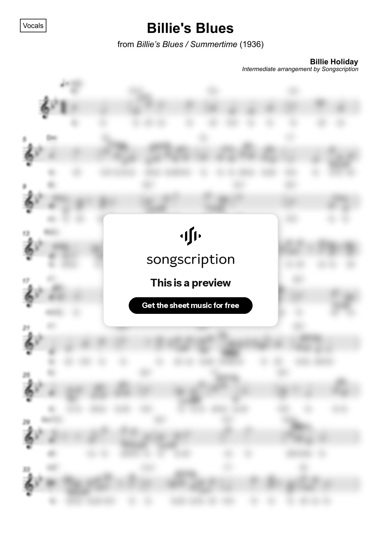 Intermediate Vocals Sheet Music for "Billie's Blues" by Billie Holiday