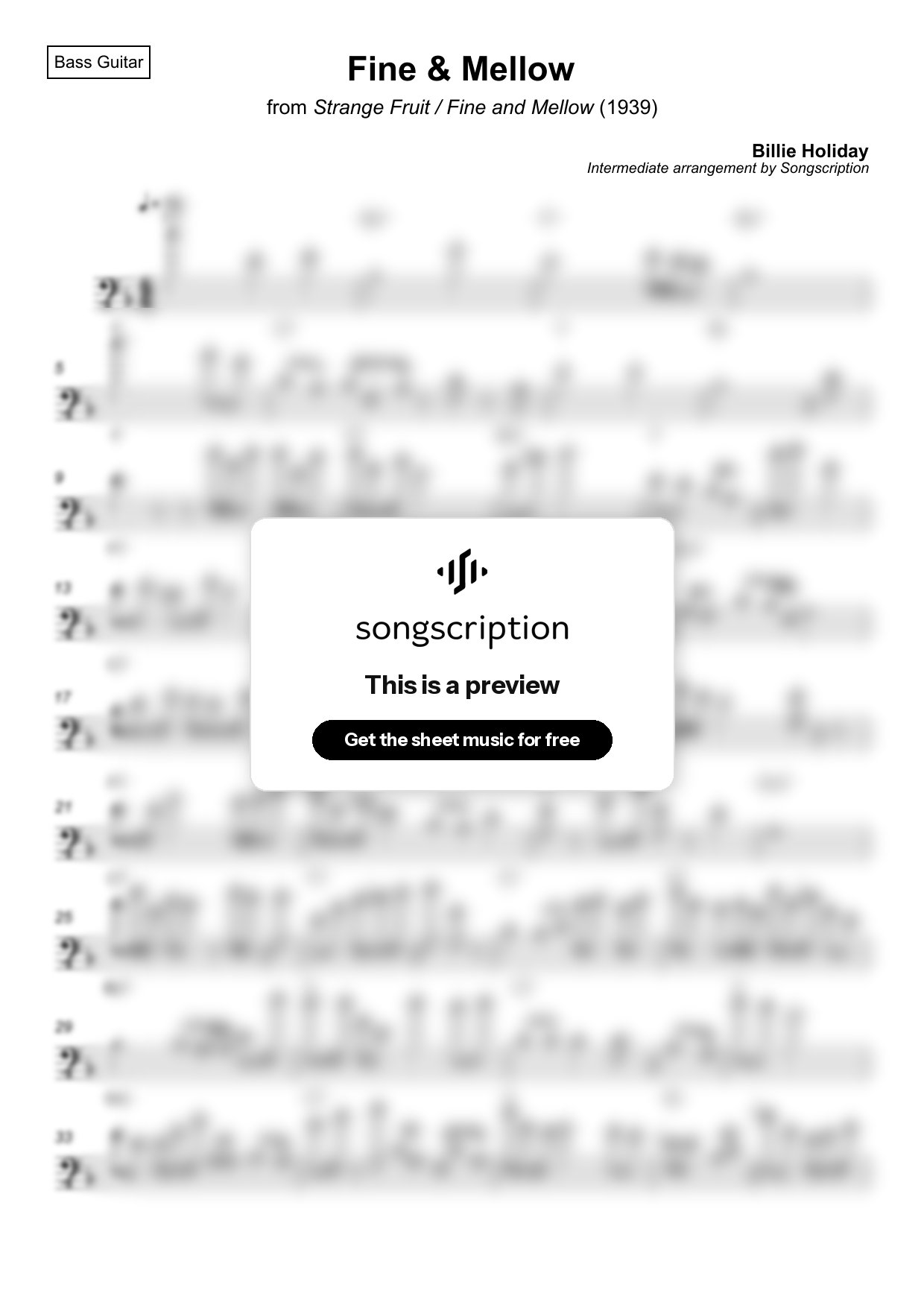 Intermediate Bass Guitar Sheet Music for "Fine & Mellow" by Billie Holiday