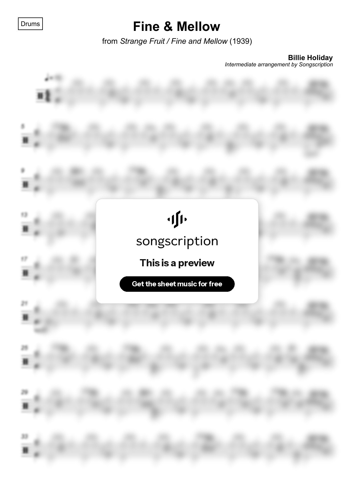 Intermediate Drums Sheet Music for "Fine & Mellow" by Billie Holiday