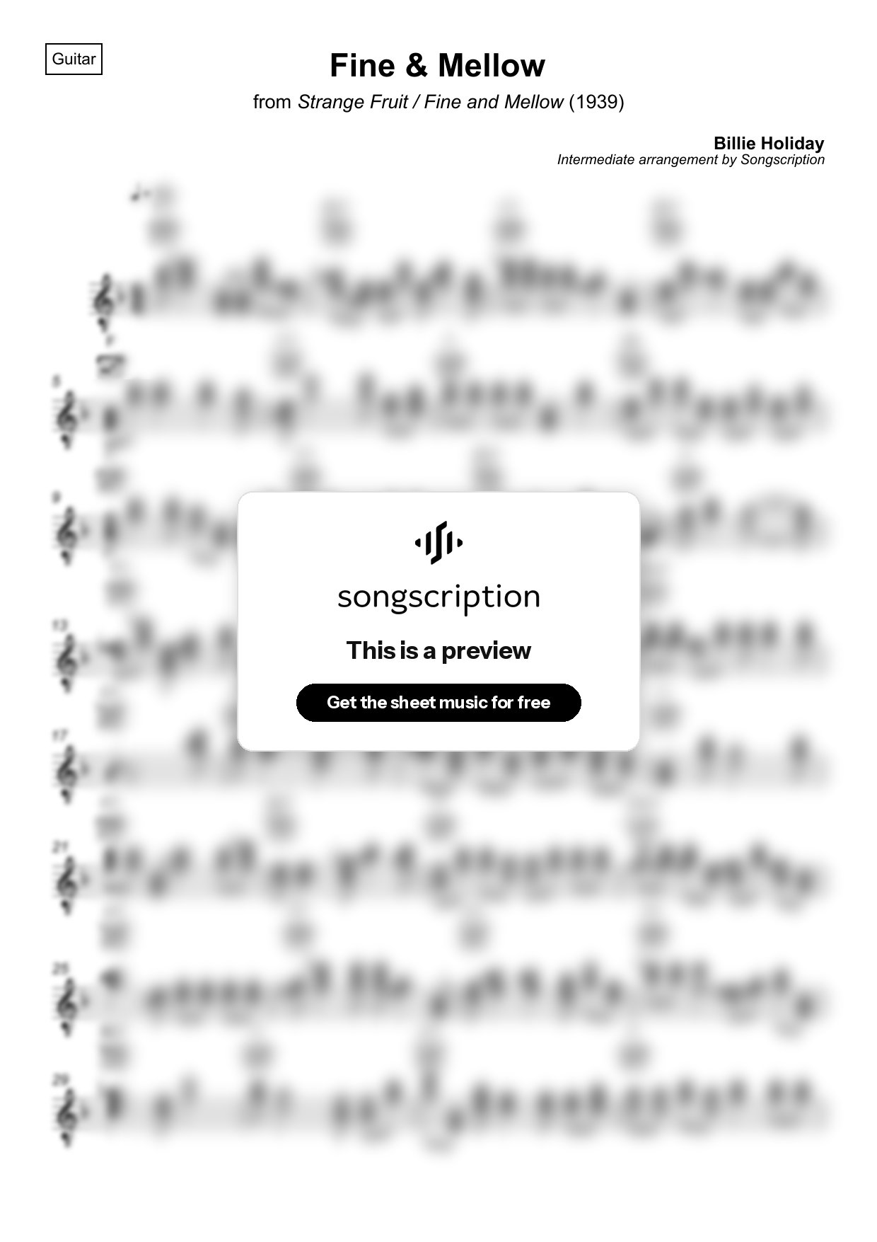 Intermediate Acoustic Guitar Sheet Music for "Fine & Mellow" by Billie Holiday