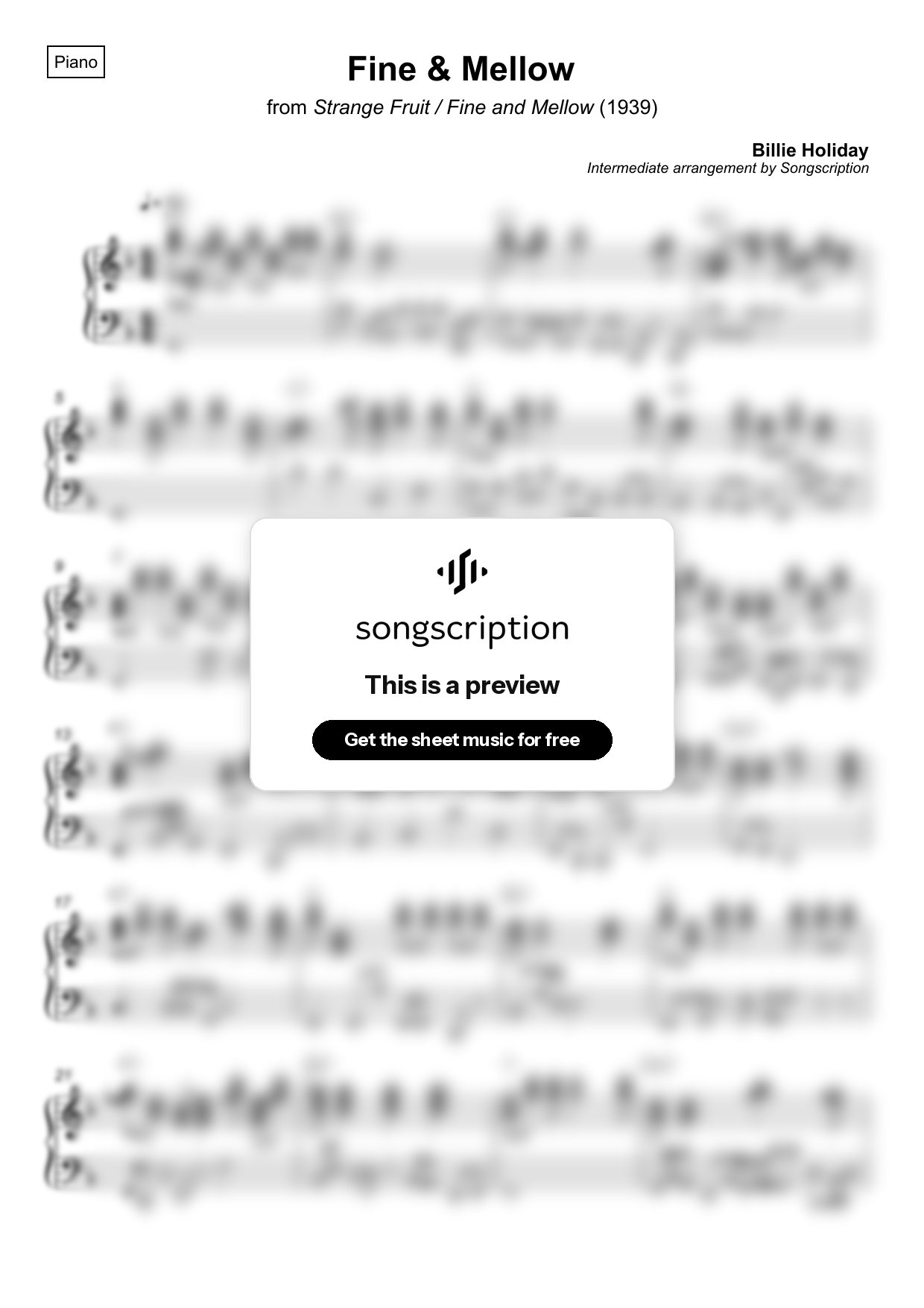 Intermediate Piano Sheet Music for "Fine & Mellow" by Billie Holiday