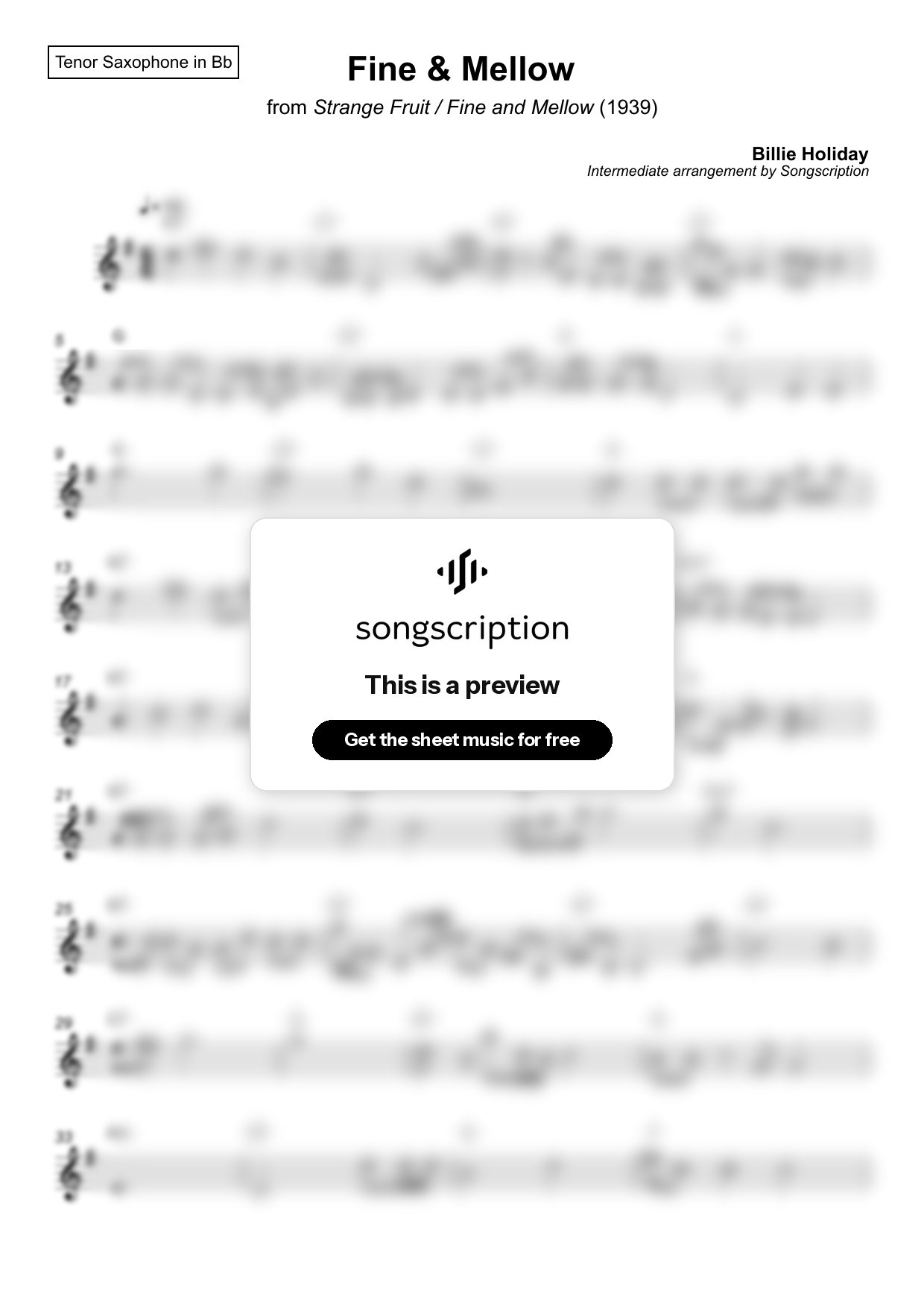 Intermediate Tenor Sax Sheet Music for "Fine & Mellow" by Billie Holiday