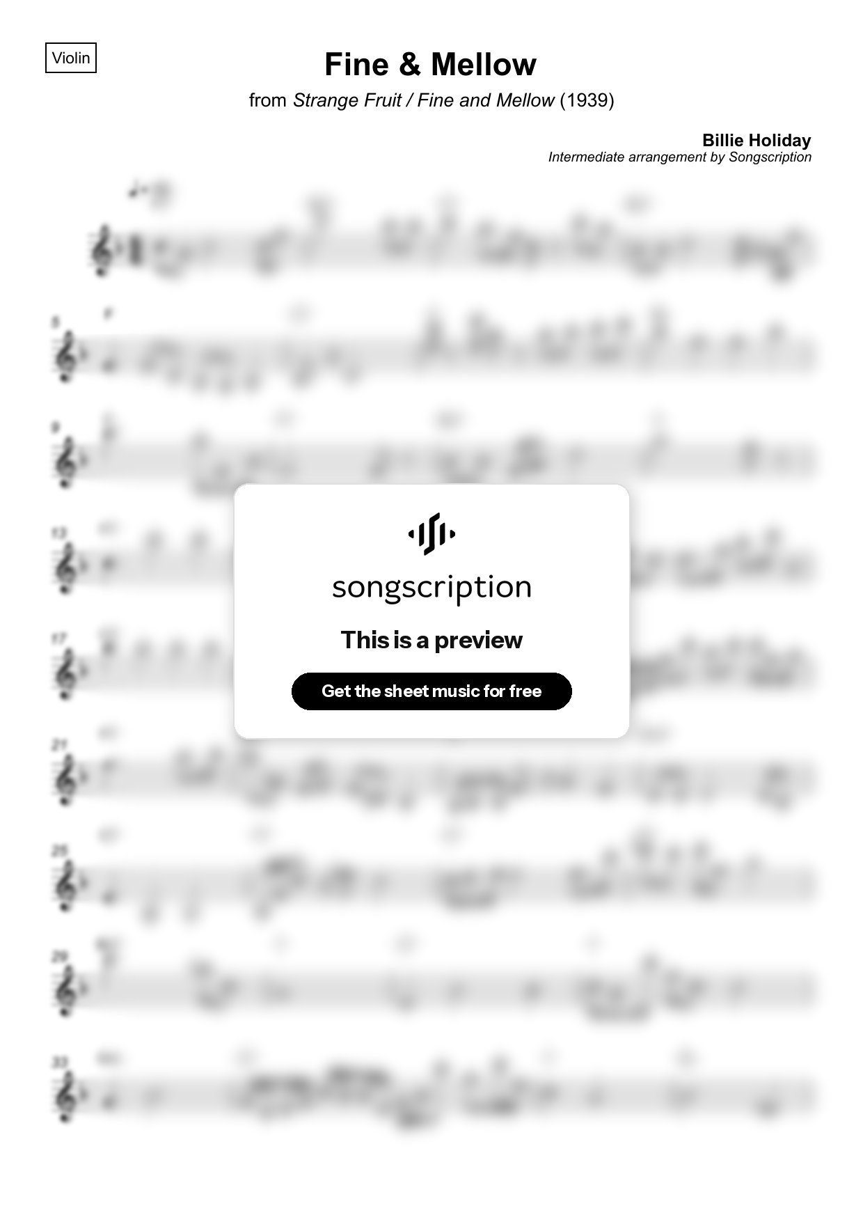 Intermediate Violin Sheet Music for "Fine & Mellow" by Billie Holiday