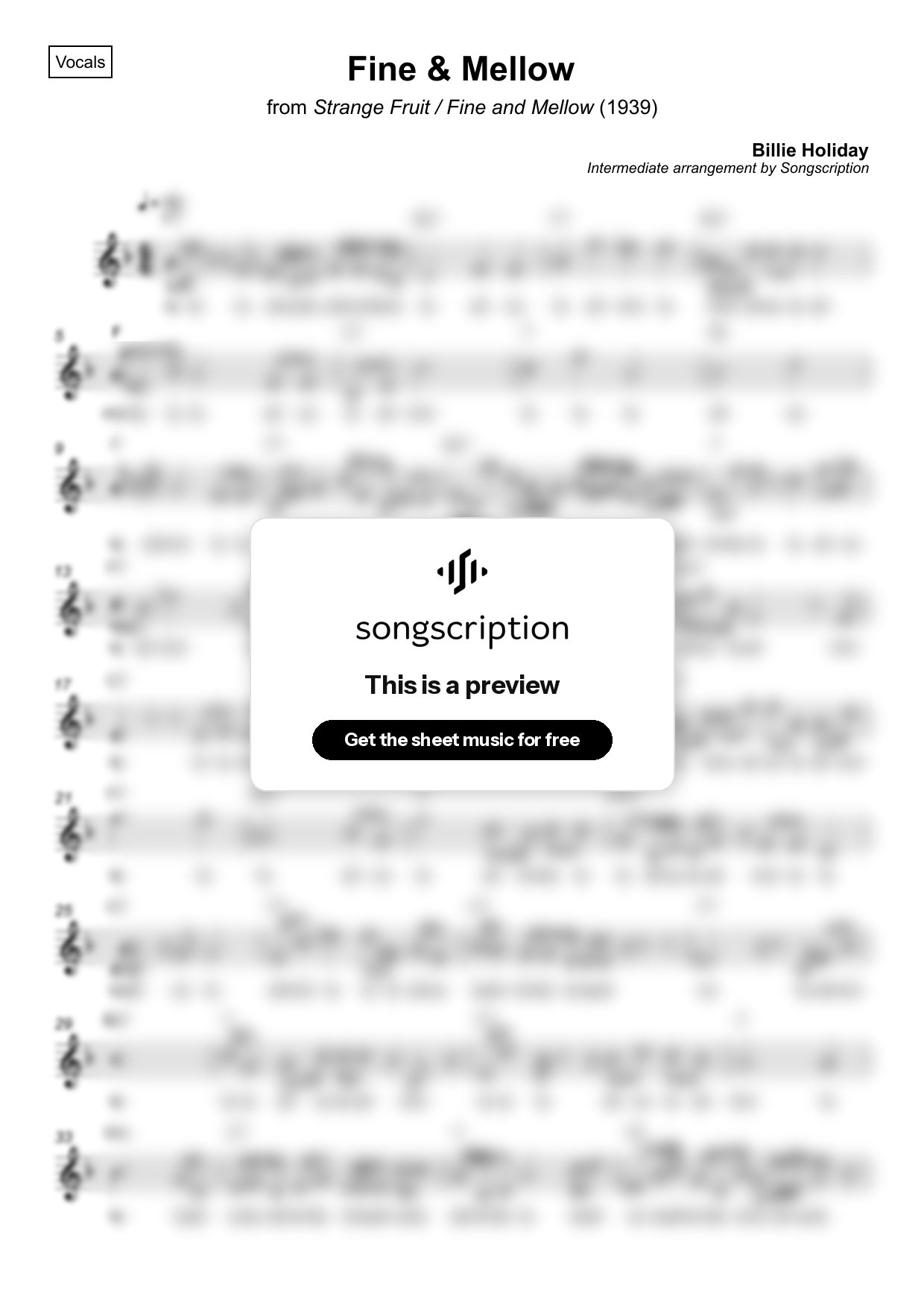 Intermediate Vocals Sheet Music for "Fine & Mellow" by Billie Holiday