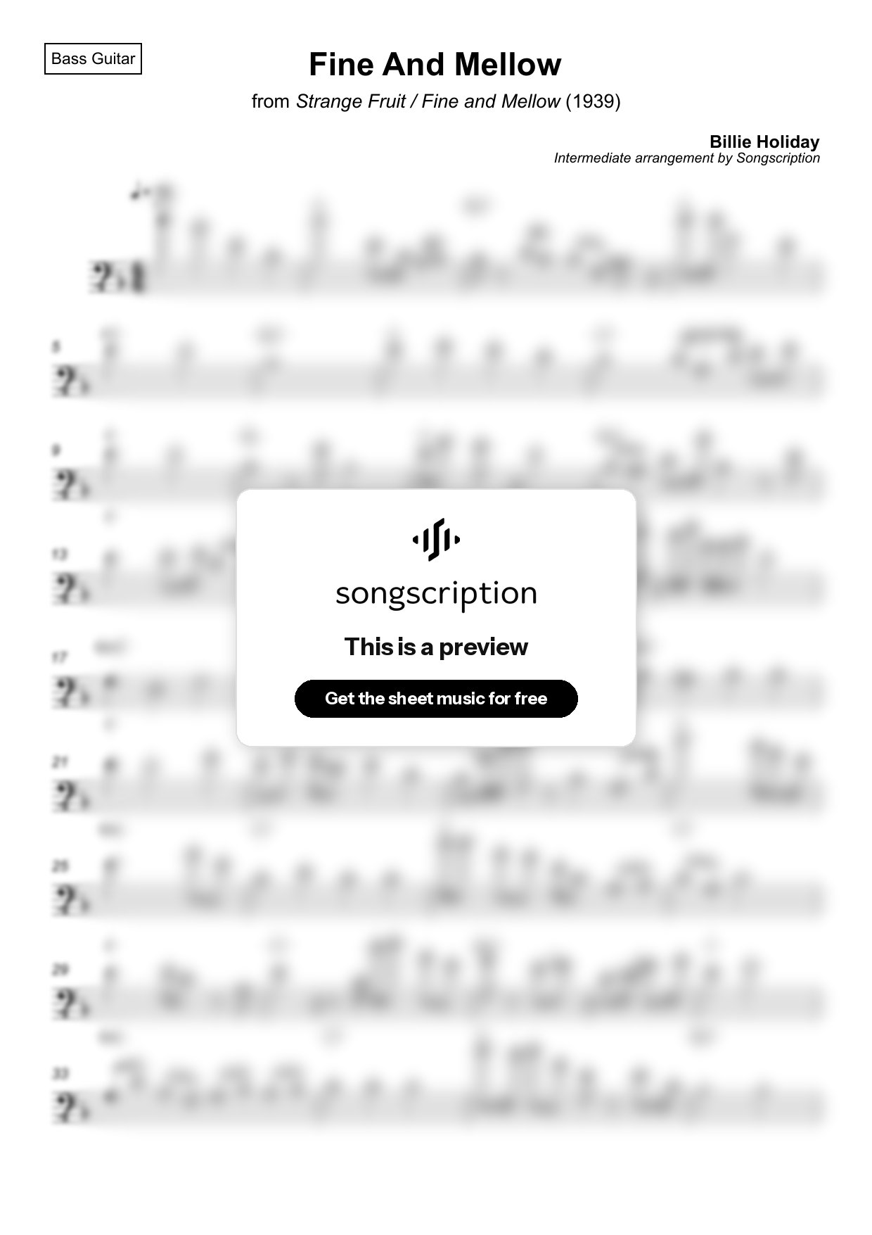 Intermediate Bass Guitar Sheet Music for "Fine And Mellow" by Billie Holiday