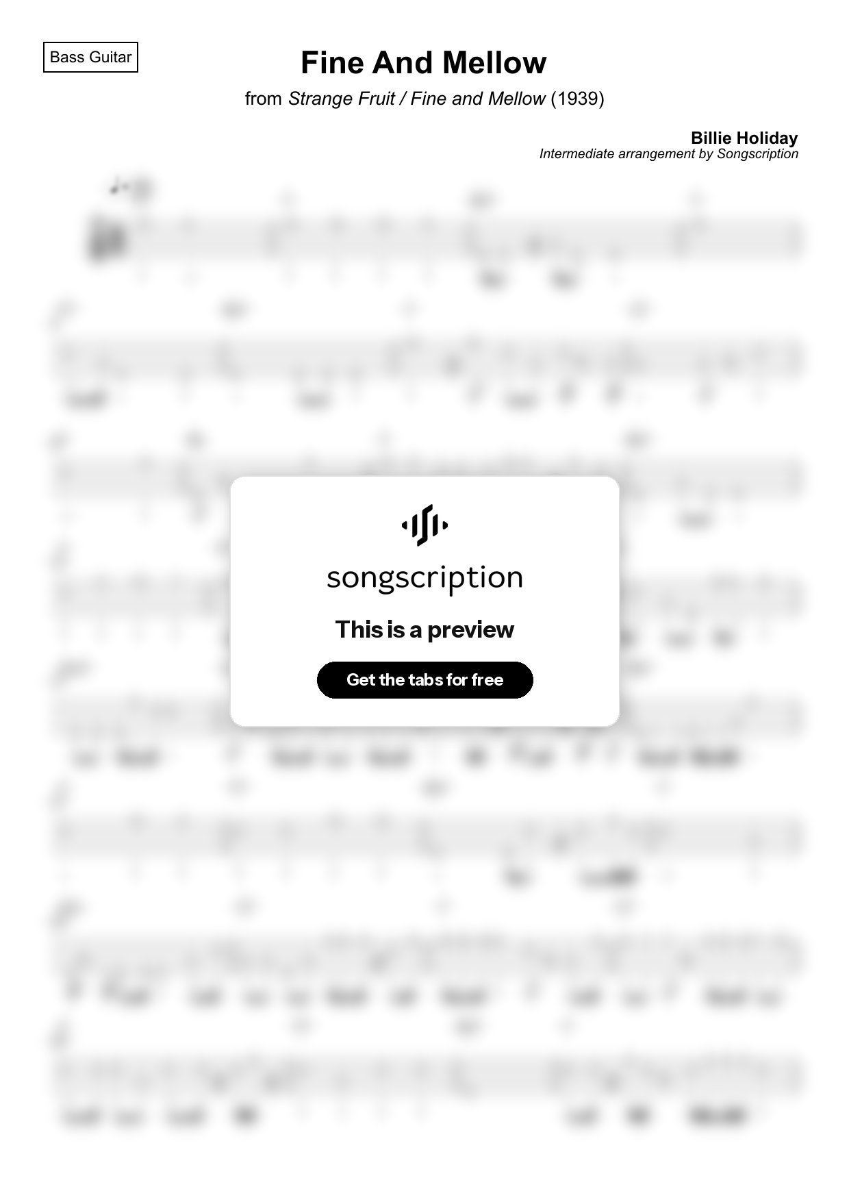 Intermediate Bass Guitar Tabs for "Fine And Mellow" by Billie Holiday