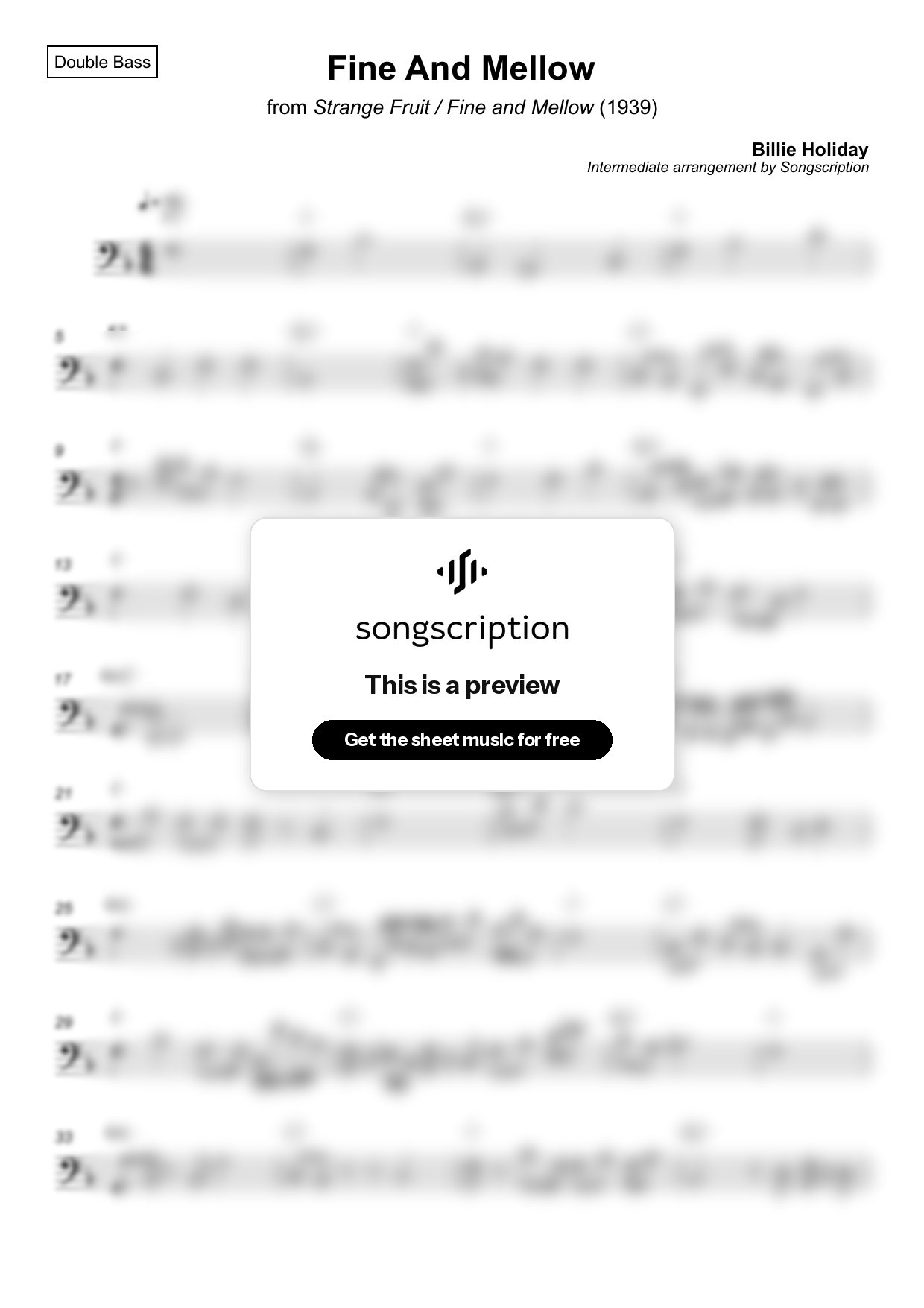 Intermediate Double Bass Sheet Music for "Fine And Mellow" by Billie Holiday