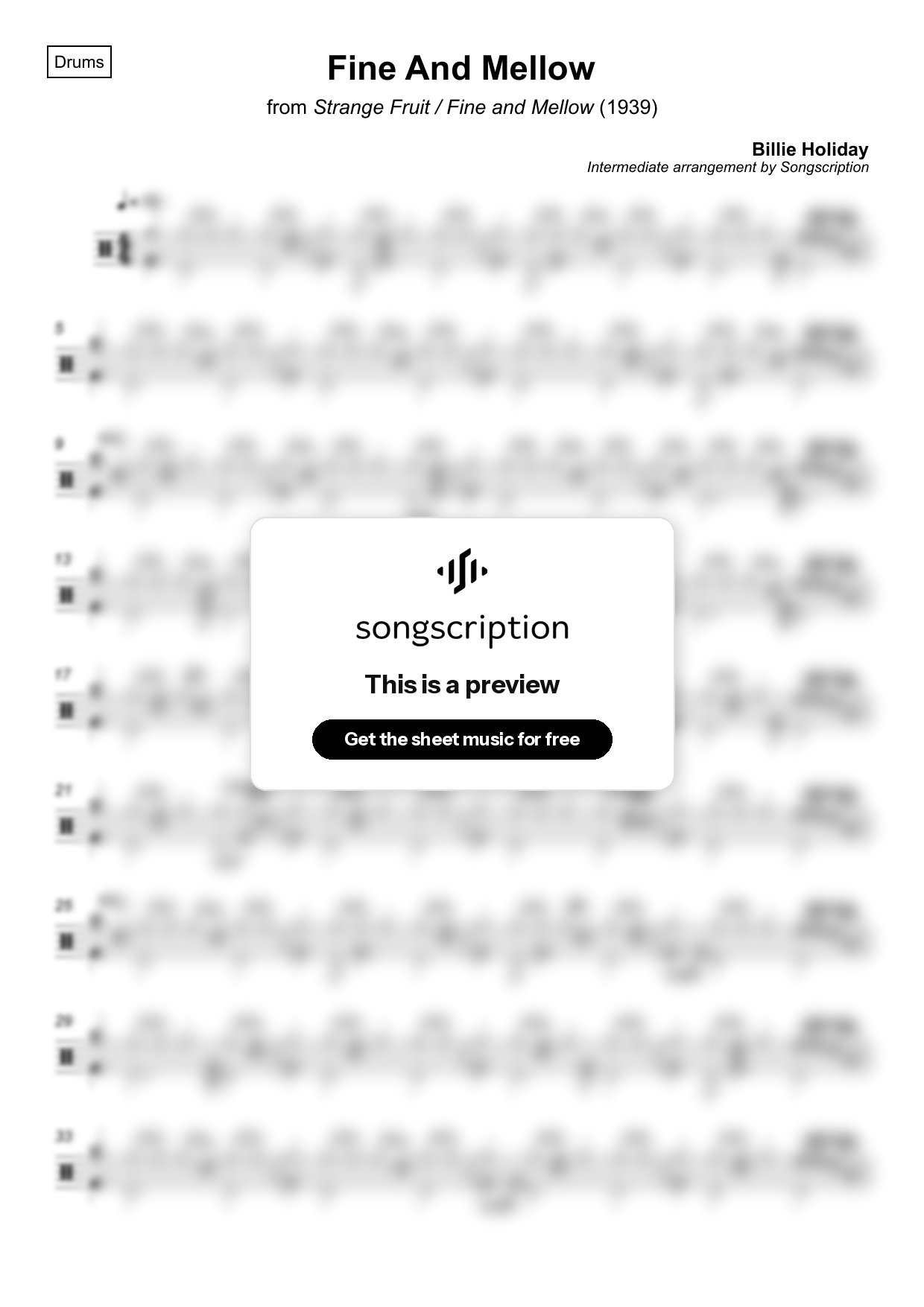 Intermediate Drums Sheet Music for "Fine And Mellow" by Billie Holiday