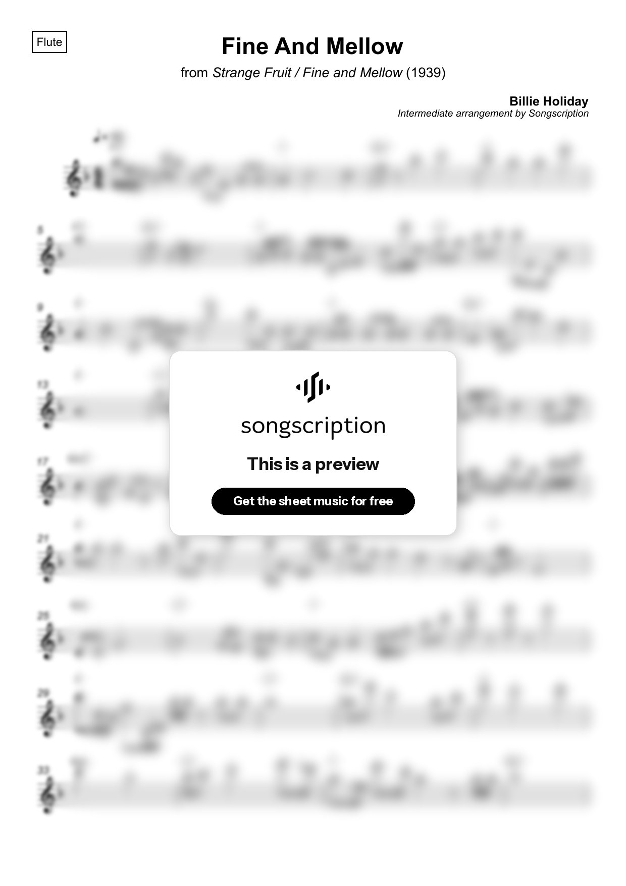 Intermediate Flute Sheet Music for "Fine And Mellow" by Billie Holiday