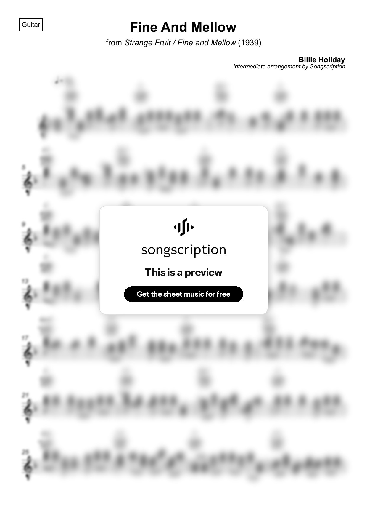 Intermediate Acoustic Guitar Sheet Music for "Fine And Mellow" by Billie Holiday