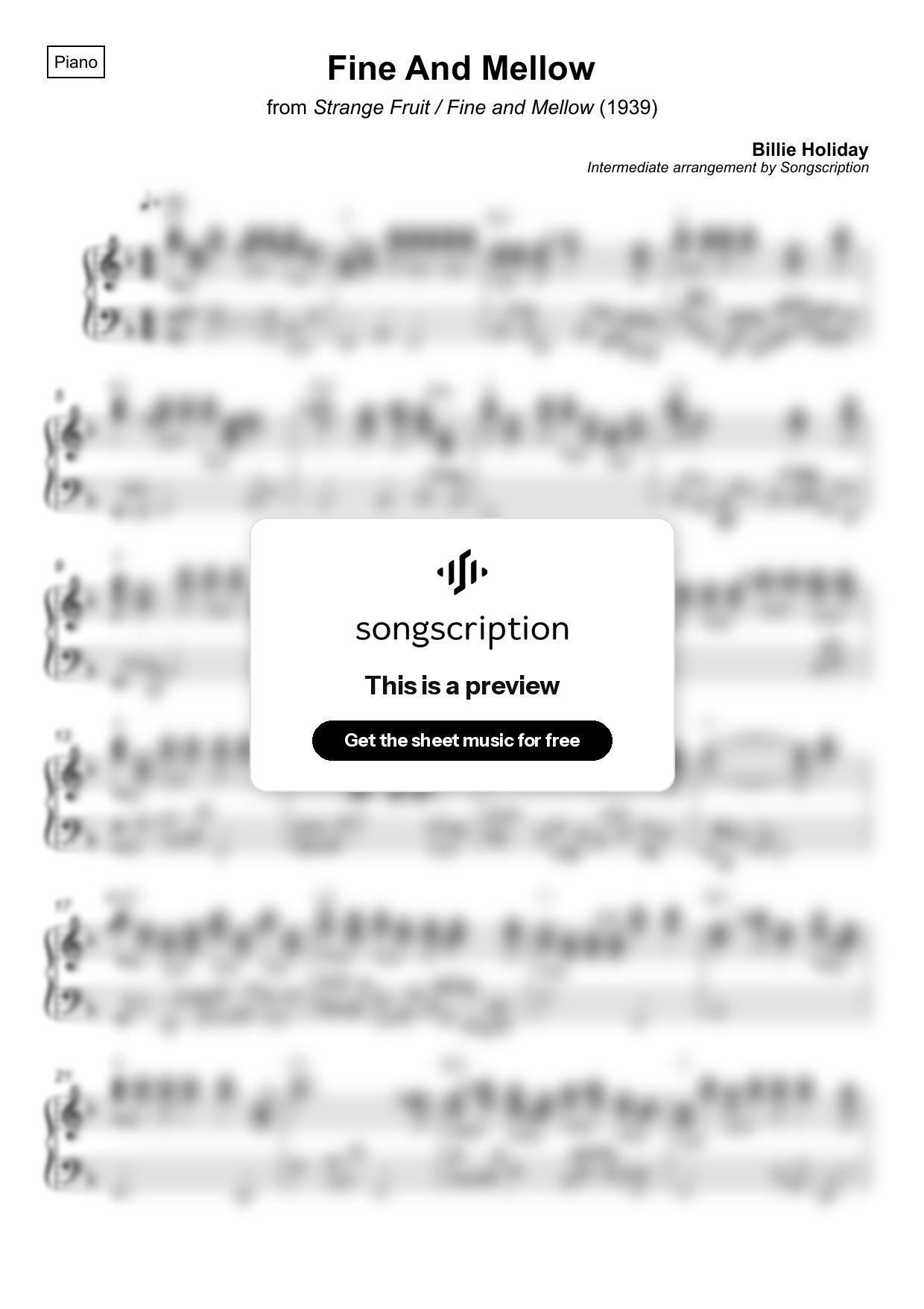 Intermediate Piano Sheet Music for "Fine And Mellow" by Billie Holiday