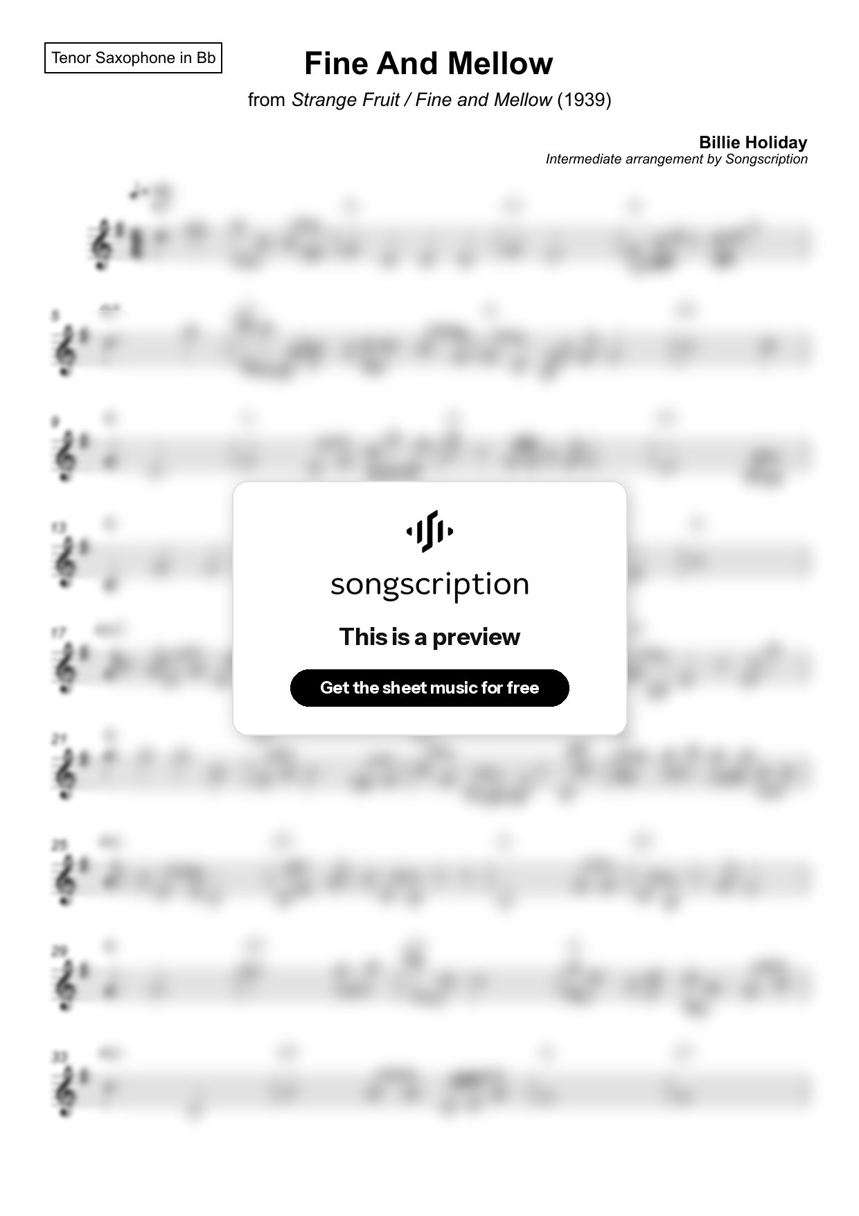 Intermediate Tenor Sax Sheet Music for "Fine And Mellow" by Billie Holiday