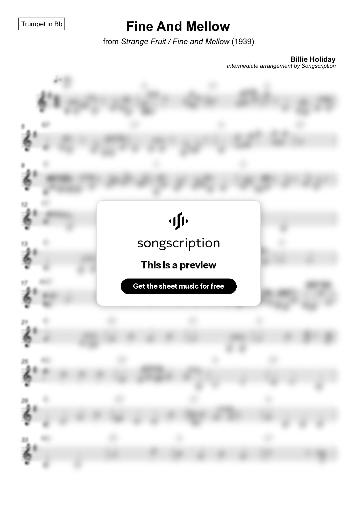 Intermediate Trumpet Sheet Music for "Fine And Mellow" by Billie Holiday