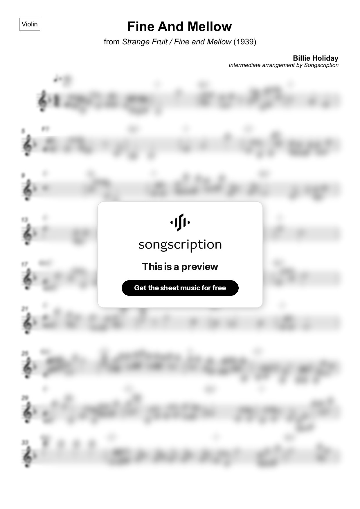 Intermediate Violin Sheet Music for "Fine And Mellow" by Billie Holiday