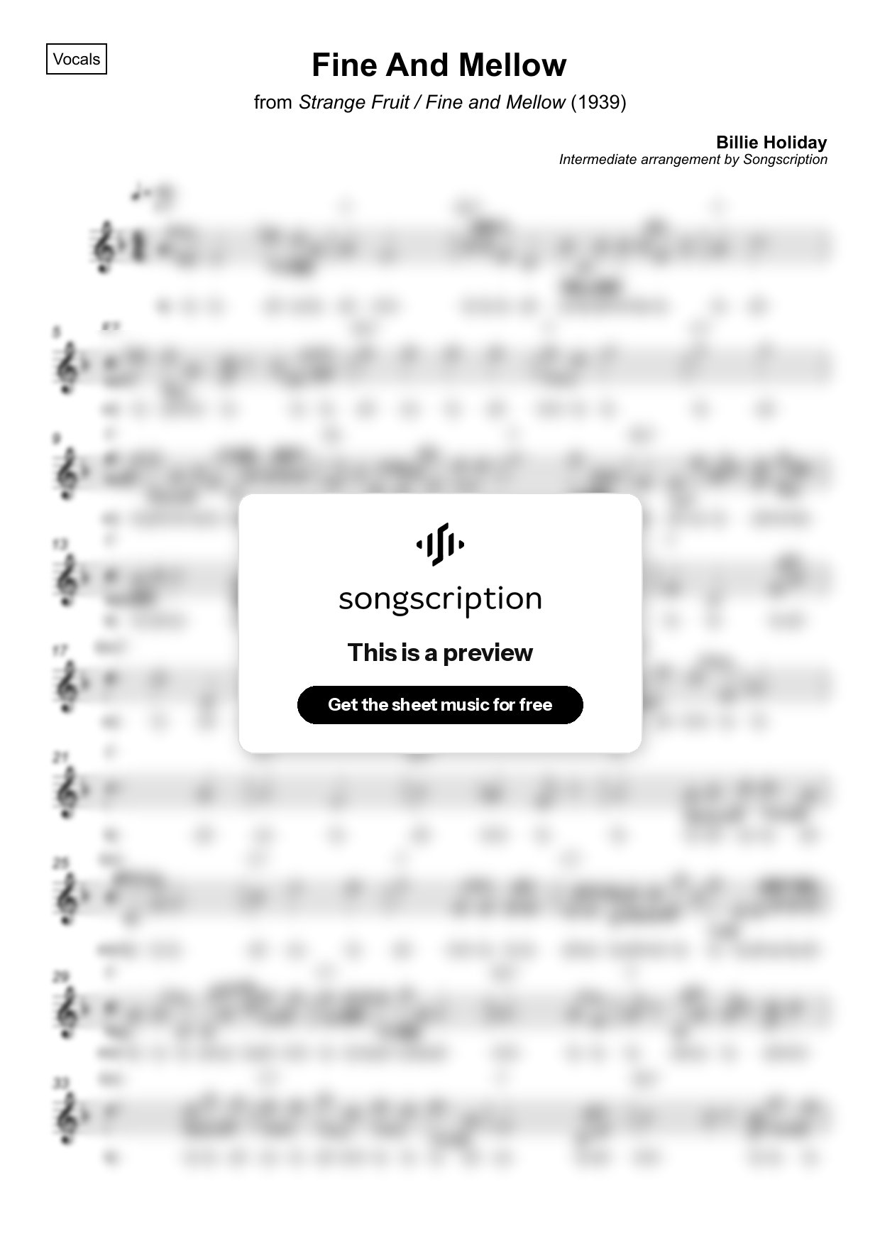 Intermediate Vocals Sheet Music for "Fine And Mellow" by Billie Holiday