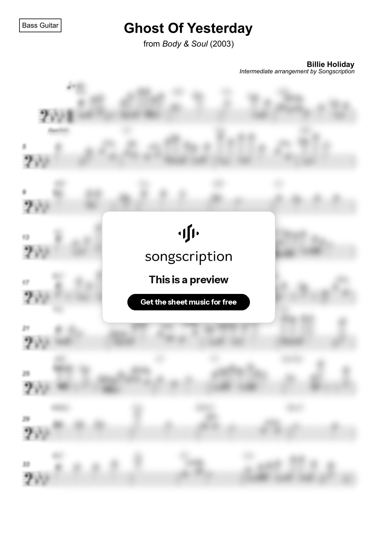 Intermediate Bass Guitar Sheet Music for "Ghost Of Yesterday" by Billie Holiday