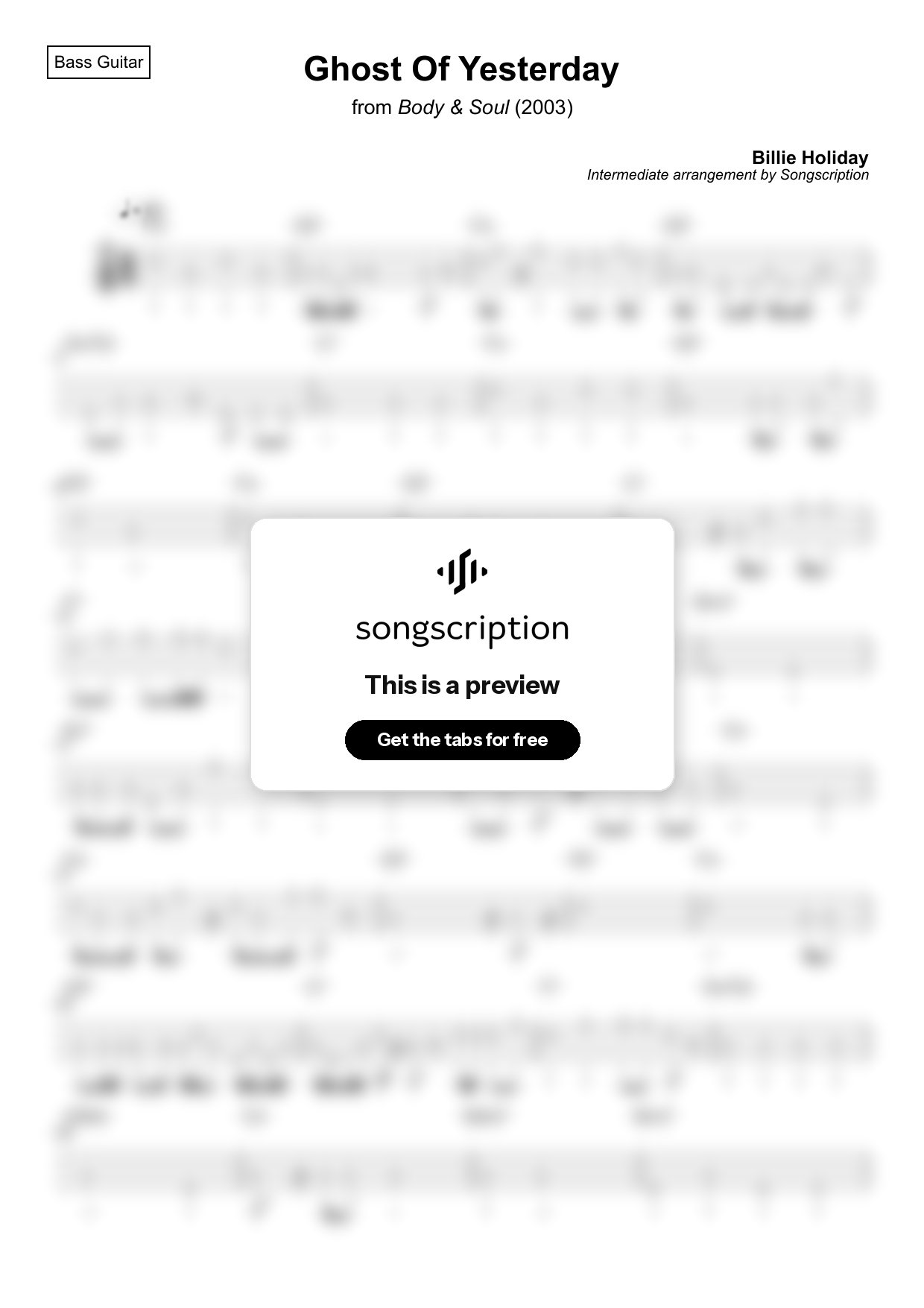 Intermediate Bass Guitar Tabs for "Ghost Of Yesterday" by Billie Holiday