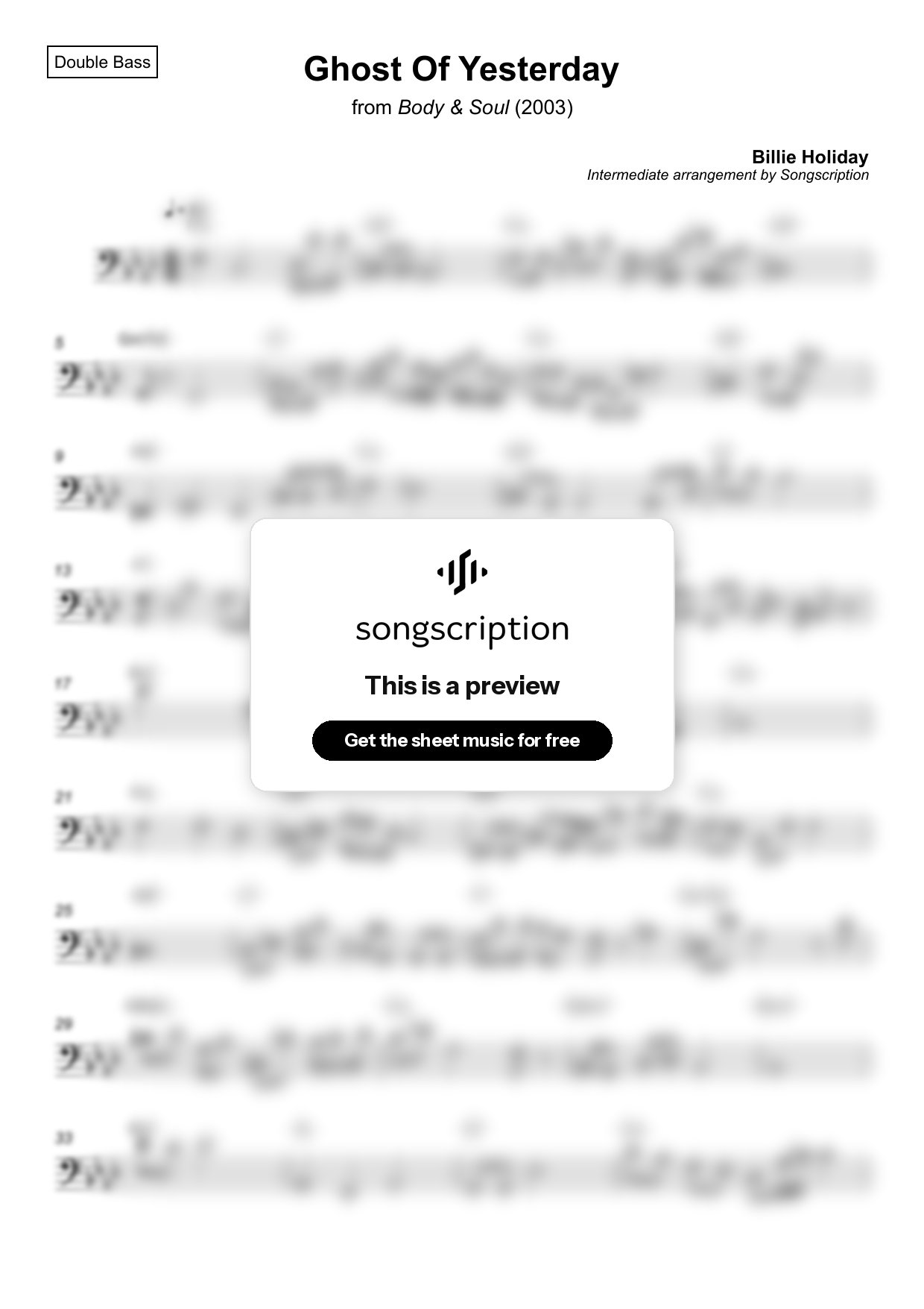 Intermediate Double Bass Sheet Music for "Ghost Of Yesterday" by Billie Holiday