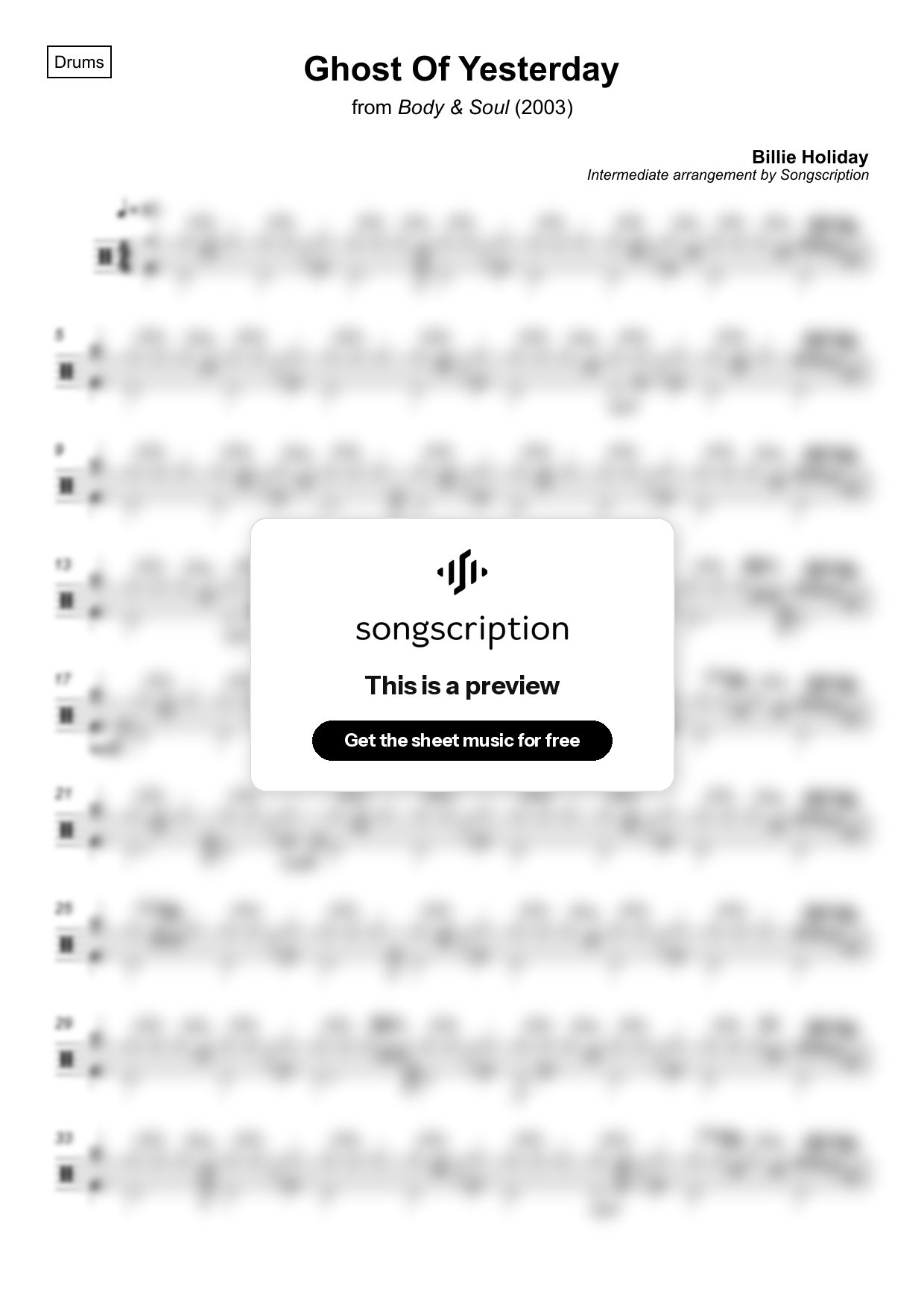 Intermediate Drums Sheet Music for "Ghost Of Yesterday" by Billie Holiday