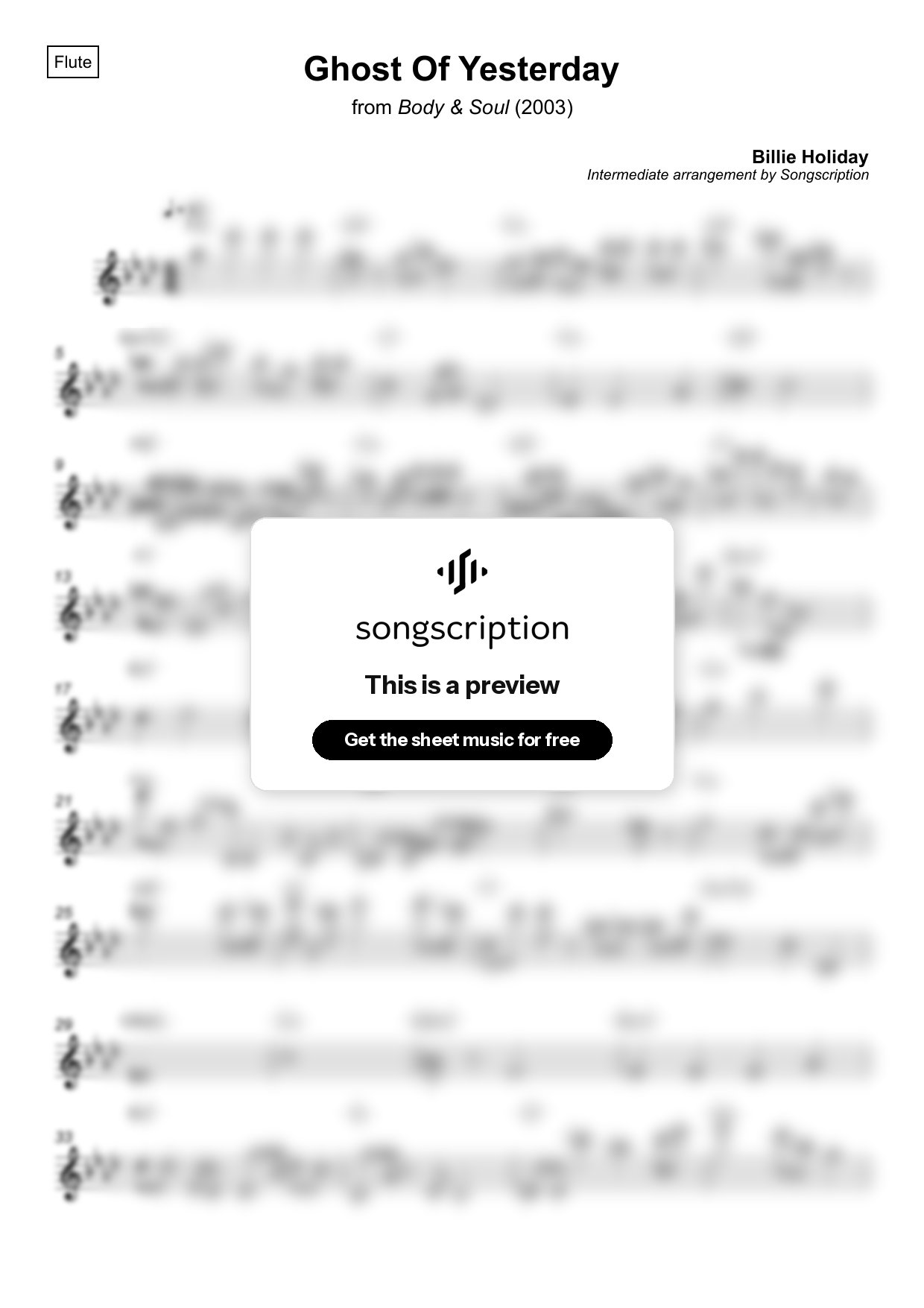 Intermediate Flute Sheet Music for "Ghost Of Yesterday" by Billie Holiday
