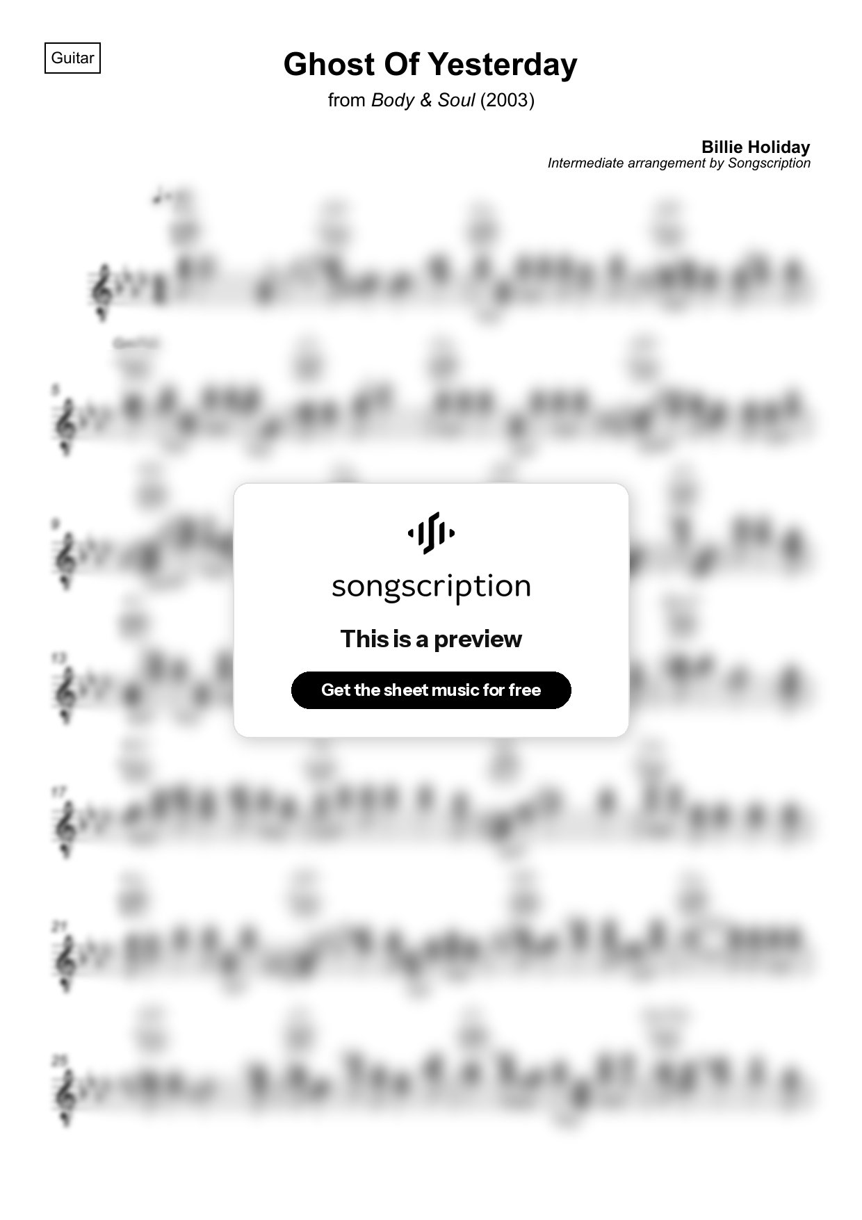 Intermediate Acoustic Guitar Sheet Music for "Ghost Of Yesterday" by Billie Holiday