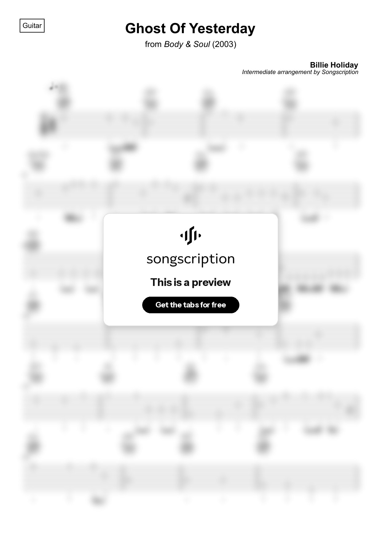 Intermediate Acoustic Guitar Tabs for "Ghost Of Yesterday" by Billie Holiday