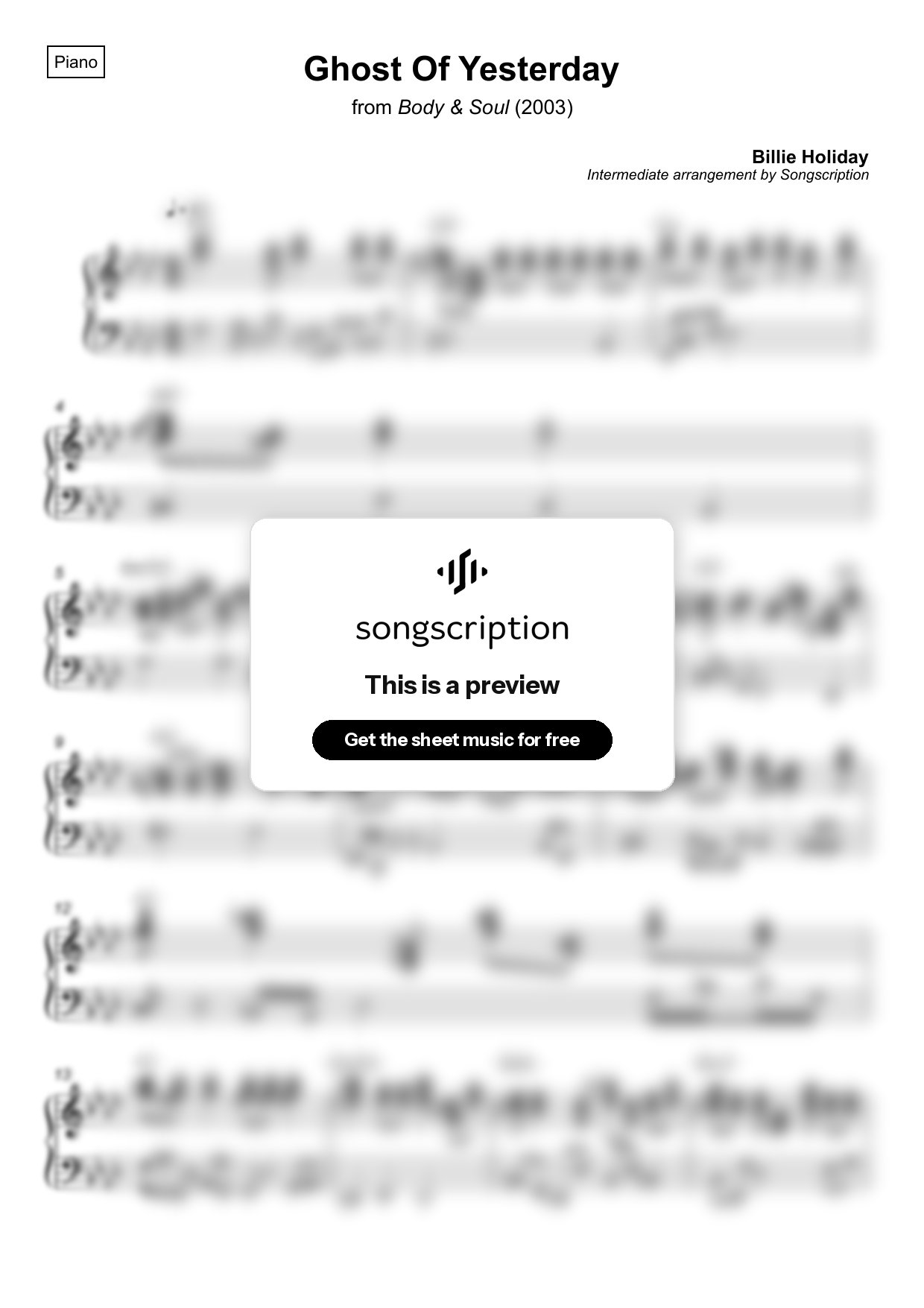 Intermediate Piano Sheet Music for "Ghost Of Yesterday" by Billie Holiday