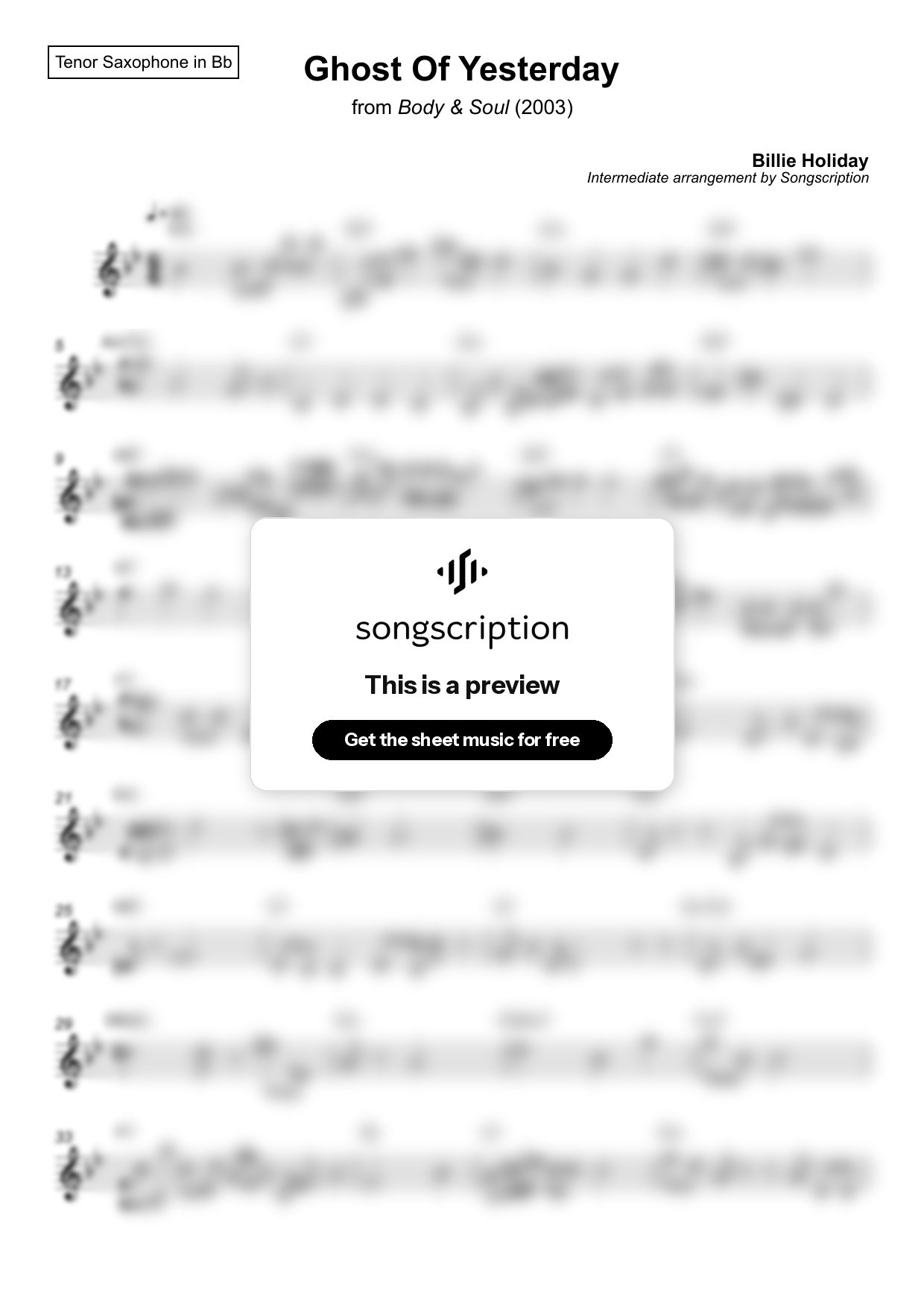 Intermediate Tenor Sax Sheet Music for "Ghost Of Yesterday" by Billie Holiday