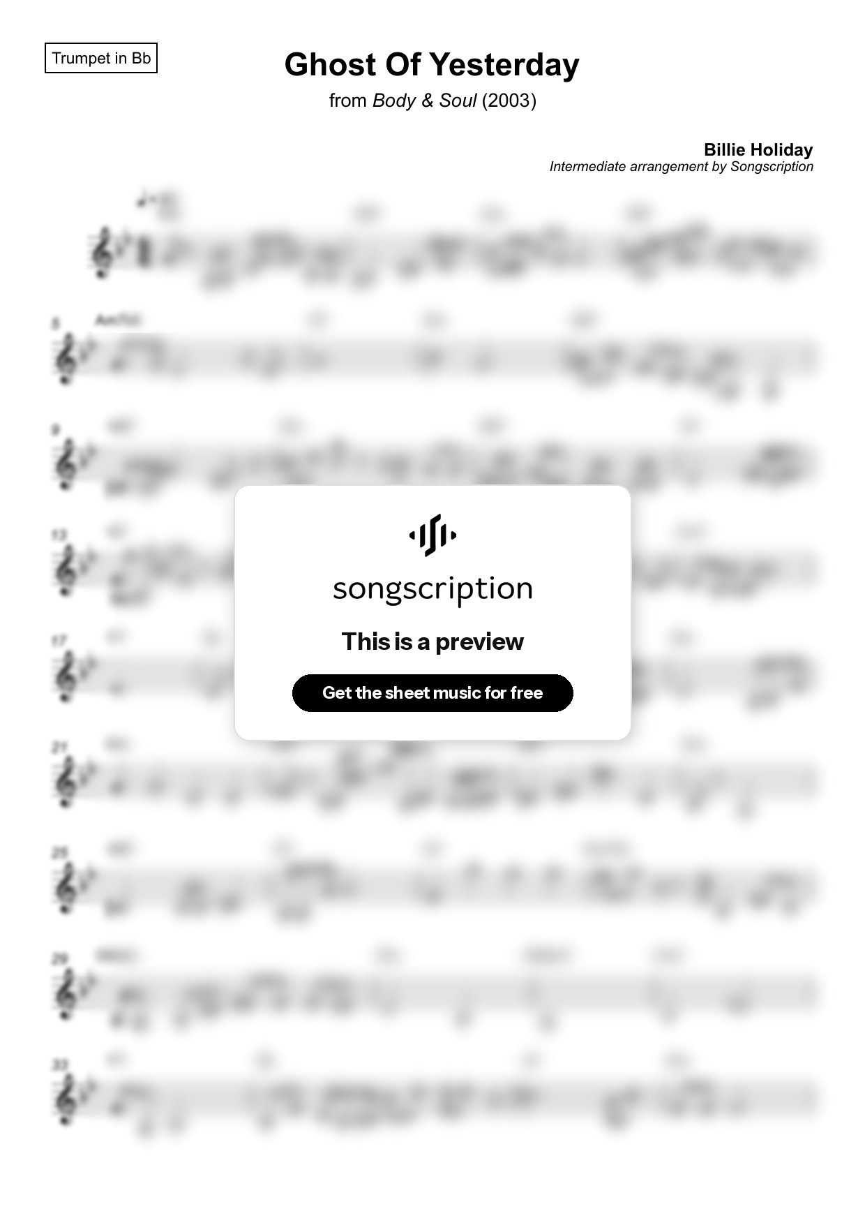 Intermediate Trumpet Sheet Music for "Ghost Of Yesterday" by Billie Holiday