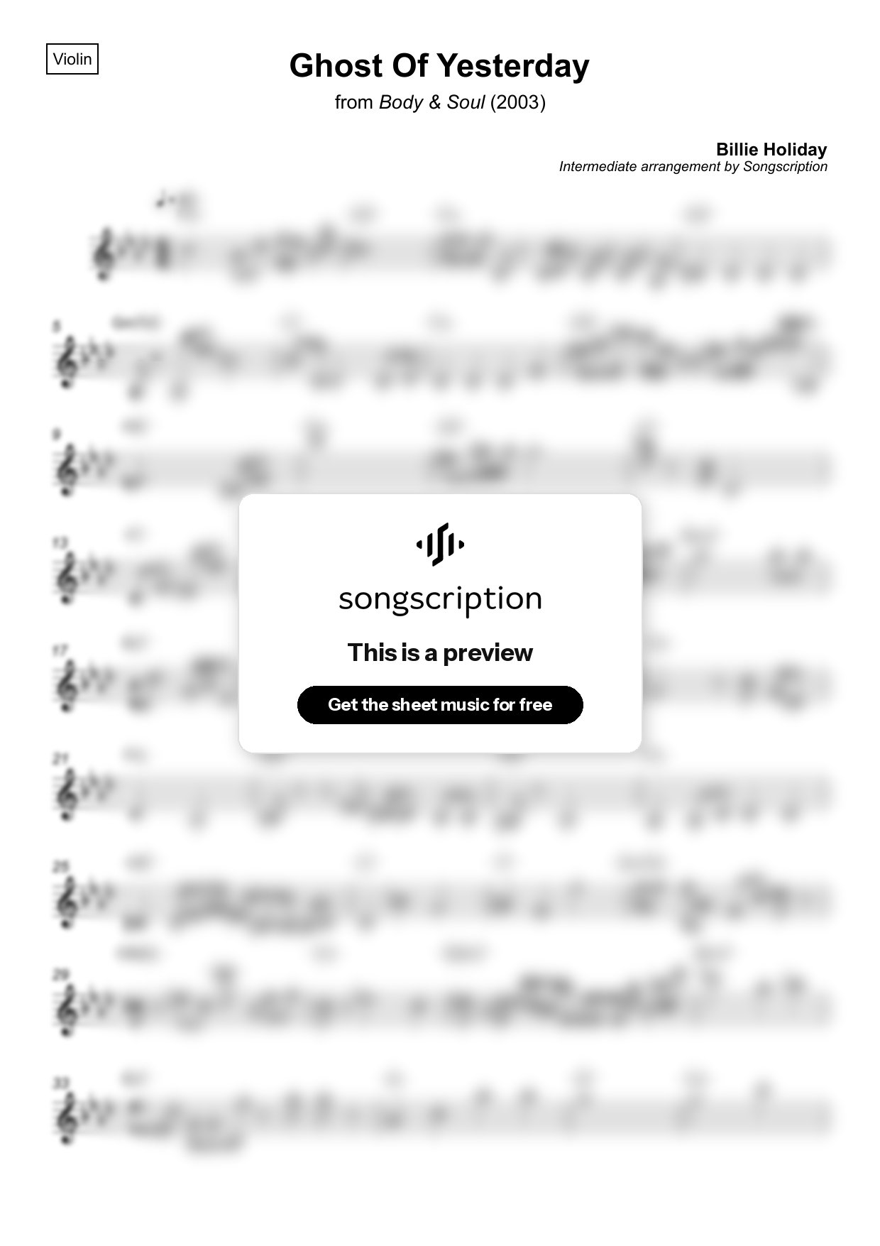 Intermediate Violin Sheet Music for "Ghost Of Yesterday" by Billie Holiday