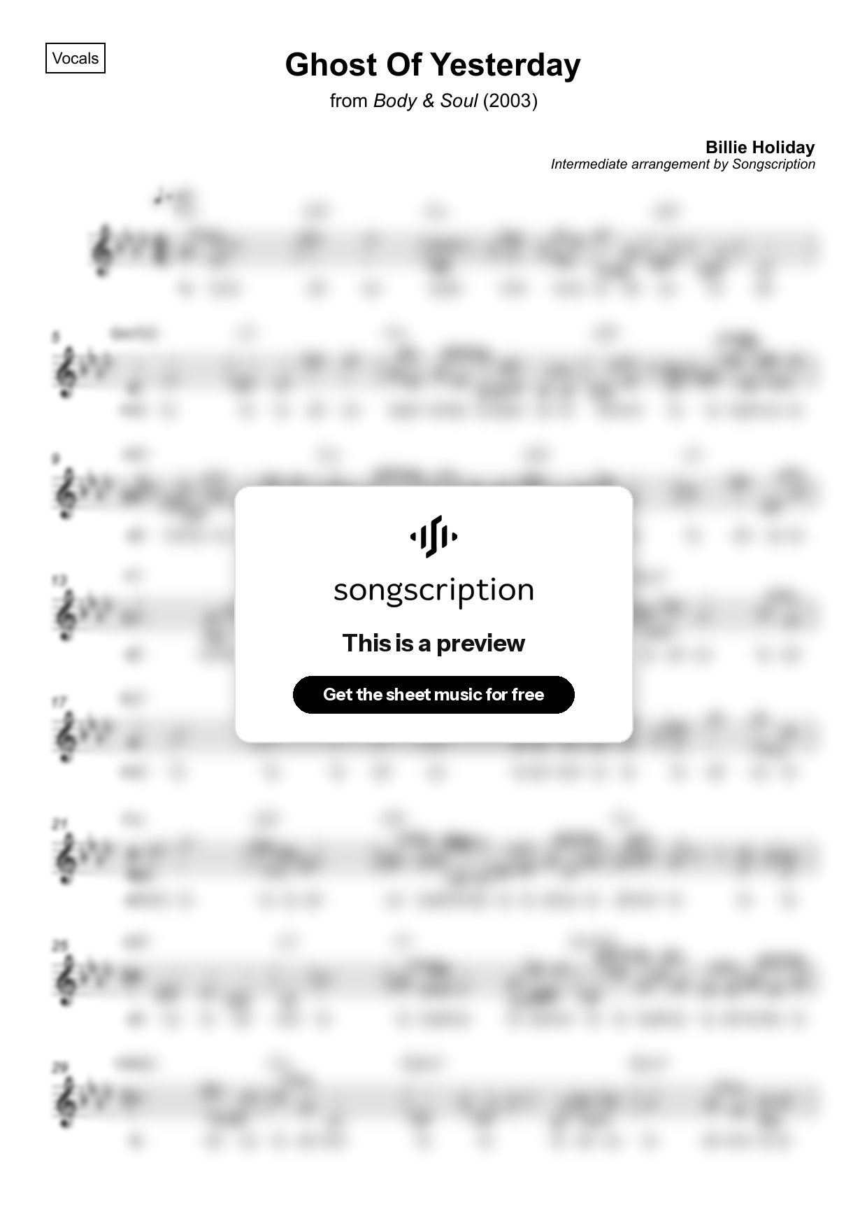 Intermediate Vocals Sheet Music for "Ghost Of Yesterday" by Billie Holiday